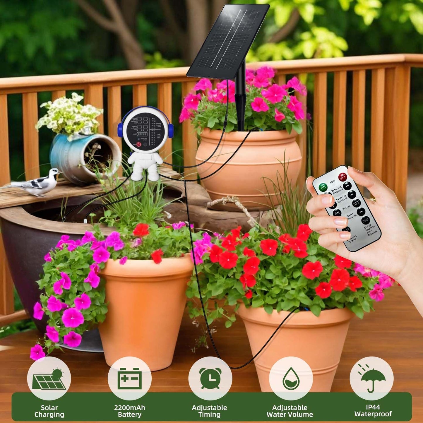 BEMTTALY Solar Drip Irrigation System for Garden/Outdoor/Indoor, Garden Solar Automatic Watering System for 15 Potted Plants, Vacation Automatic Plant Waterer Outdoor with 2500mAh Battery, 50Ft Tube