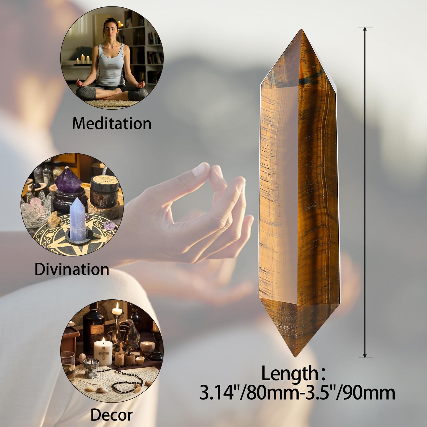 YATOJUZI 3.5" Tiger's Eye Healing Crystals Wand Natural Crystals and Healing Stones Large Hexagonal Crystal Points for Meditation Divination Reiki Energy Balancing 1PCS