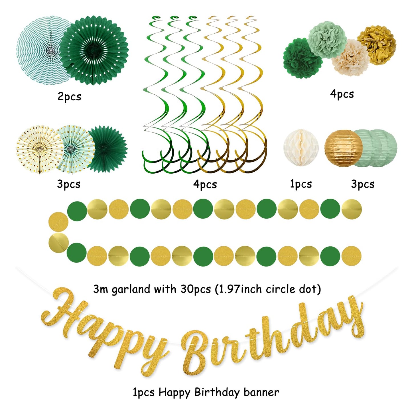 Sage Green Birthday Party Decorations - 21pcs with Happy Birthday Banner, Paper Lanterns, Tissue Pom Poms, Hanging Streamers, Round Garland for Women Girls Boys Birthday Decor Supplies.