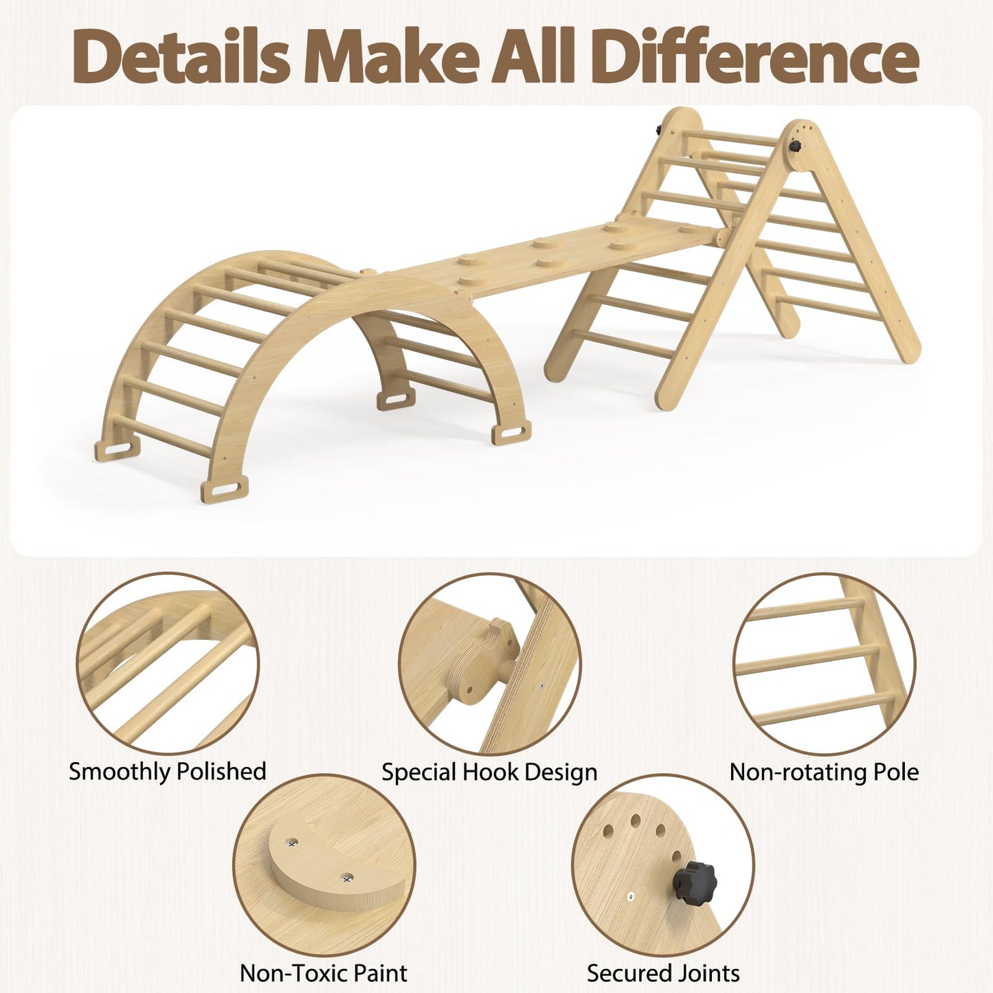 CMFYDAILY Large Pikler Triangle Set, 7-in-1 Toddler Climbing Toys Indoor, Wooden Montessori Climbing Set with Arch Ramp Ladder, Foldable Baby Jungle Gym Playground (Wood Natural)
