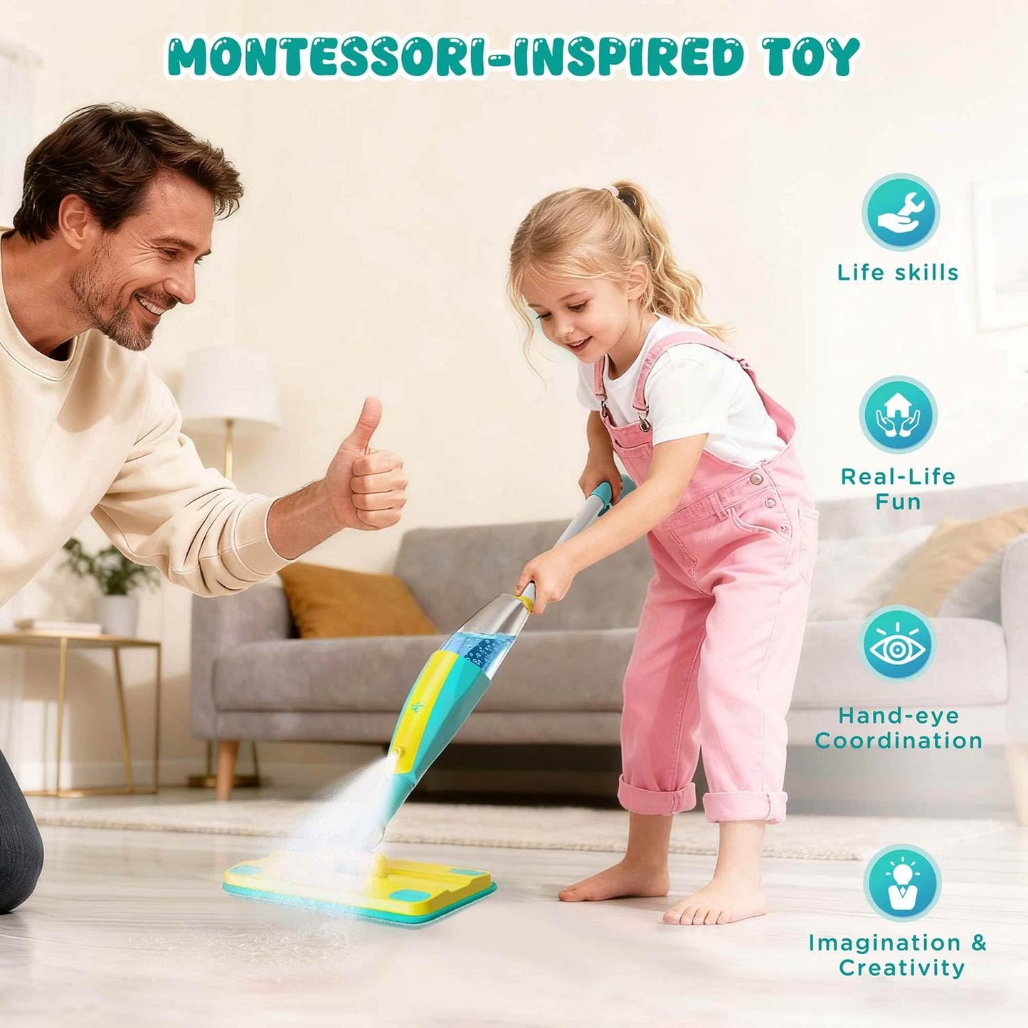 Kids Spray Mop,Toddlers Cleaning Play Sets with Real Water Sprayer,Includes Versatile Apron,Pretend Play Sets,Toddler Kids Cleaning Toy Set,Montessori Cleaning Set,Gifts for Boys Girls