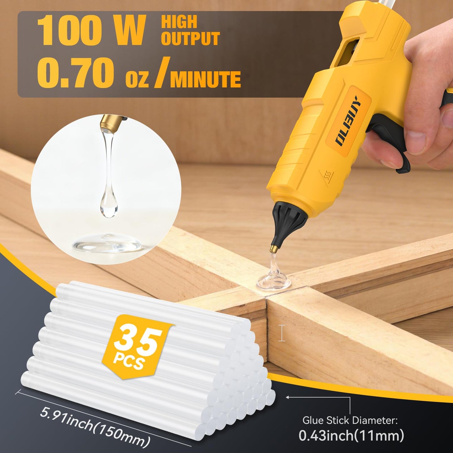 Cordless Hot Glue Gun for De-Walt 20V Battery - 100W Hot Glue Gun and 35PCS Glue Sticks Set, Handheld Electric Glue Gun Full Size for Arts Crafts DIY Home Repair School Projects (Battery Not Included)