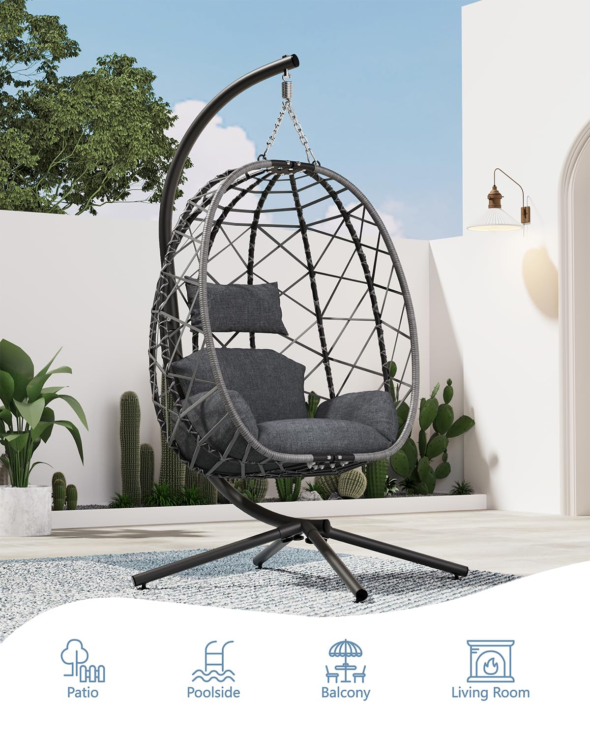 SWITTE Hanging Egg Chair with Stand, Outdoor Indoor Rattan Wicker Egg Swing Chair with Cushion, Heavy Duty Patio Hammock Chairs for Garden Backyard Balcony Bedroom, 400LBS Capacity, Dark Grey