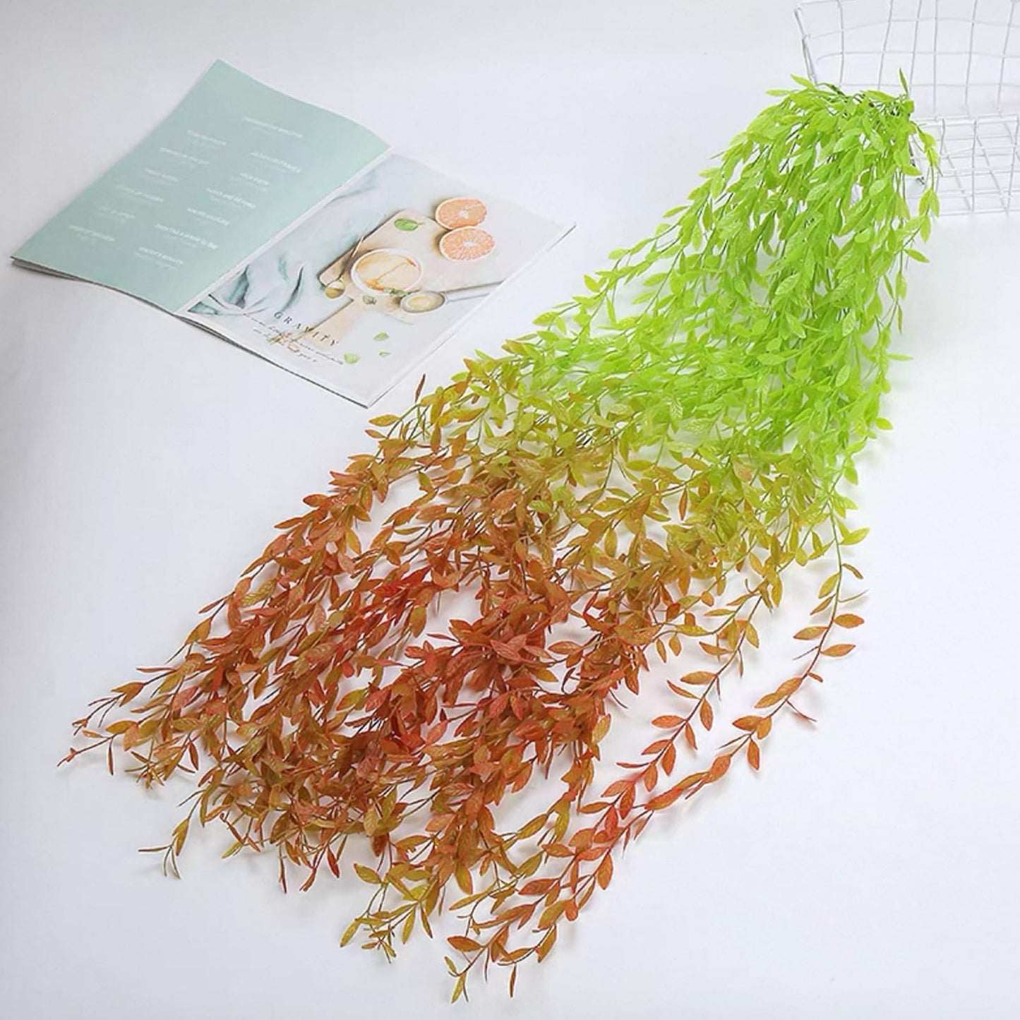 AQUGOO 5 Pcs Artificial Green Leaves Vines,Hanging Plants,Fake Vines Plastic Ivy,Wedding Wreaths, Indoor and Outdoor, Garden,Ladder Stand Decorations (Red-Tailed)