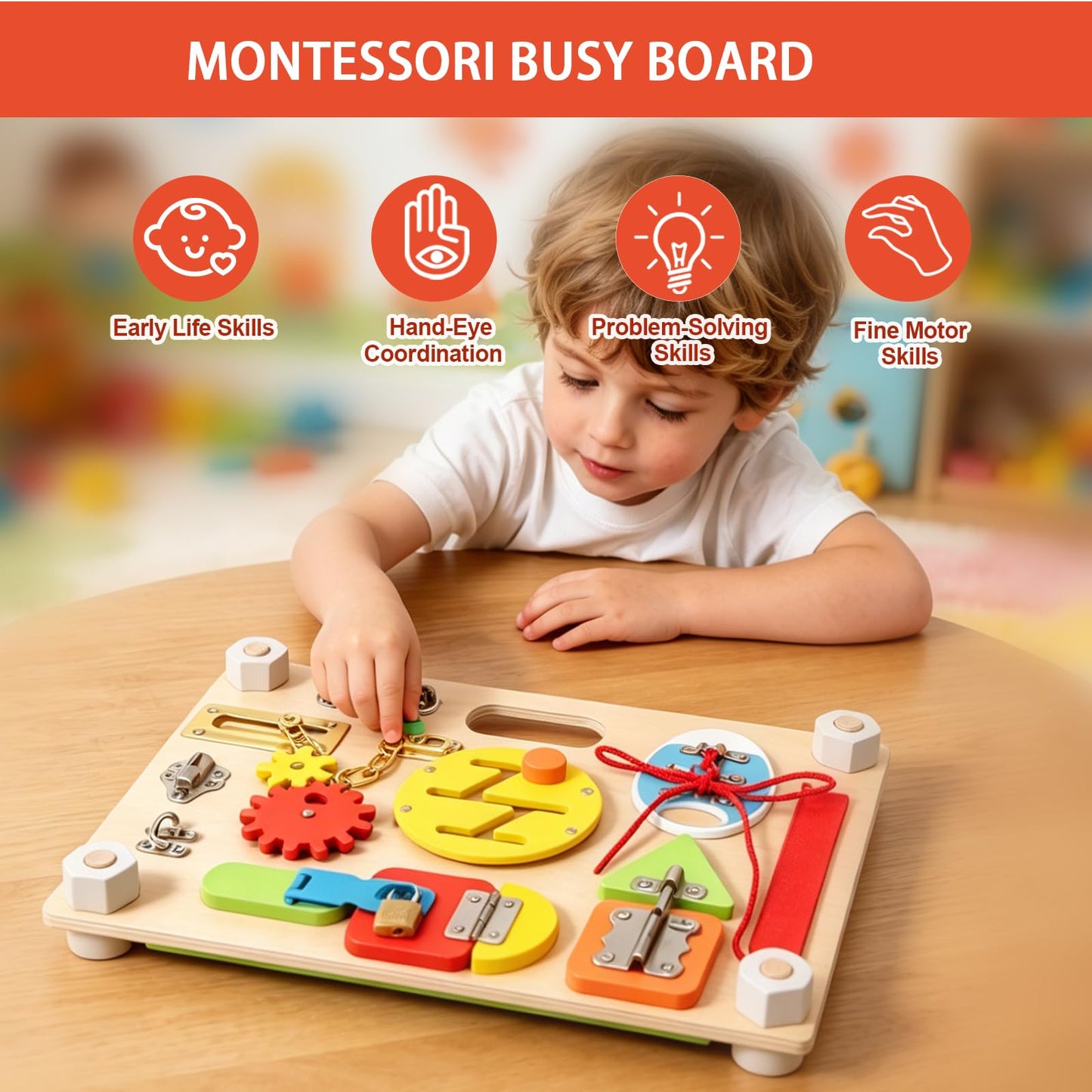 Smartwo Montessori Large Double-Sided Busy Board for 1 2 3 4 Year Old- Wooden Sensory Toys -Fidget Activity Board for Toddlers Boys and Girls- Motor Skills Gifts for ADHD & Autistic Children Kids