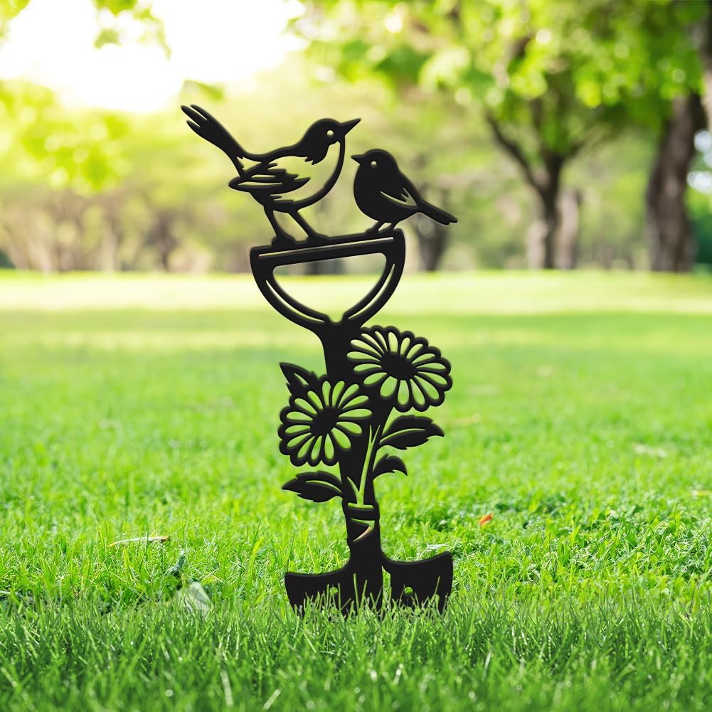 SUPERDANT Metal Garden Stake Bird Flower Silhouette Matte Black Powder Coated Iron Yard Art Decorative Plant Lawn Patio Courtyard Farmhouse Decoration Gift