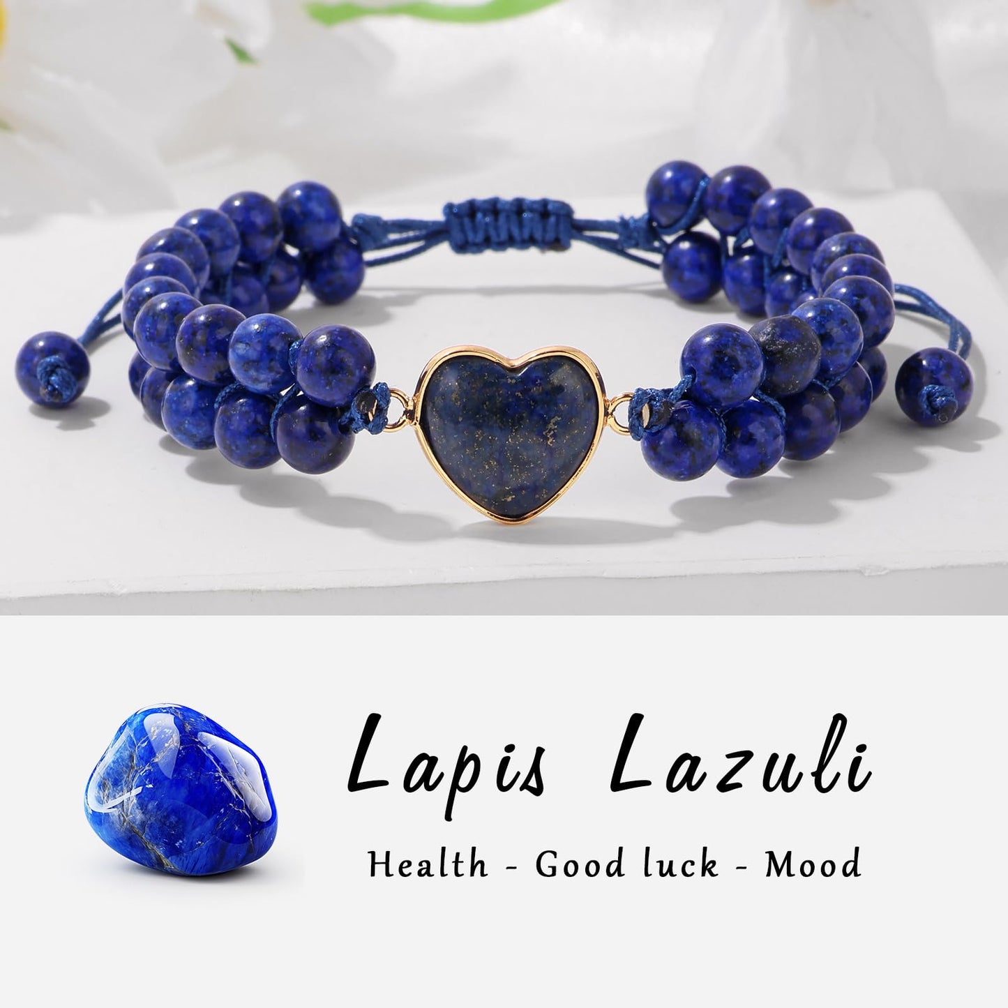 Natural Stone Bracelets for Women Crystal Beaded Bracelets Lapis Lazuli Heart Handmade Adjustable Bracelet Braided Healing Crystal for Women Men Mothers Day Christmas Graduation Gifts Jewelry