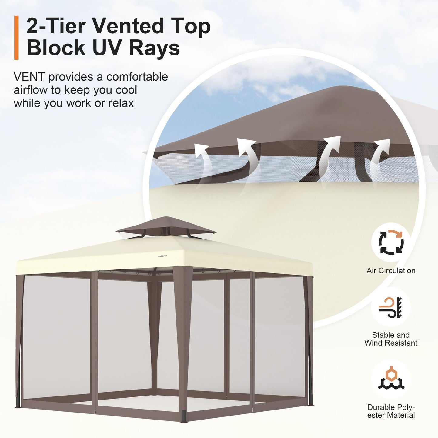 Patio Gazebo Tent Outdoor Canopy Shelter 10'x10' with Removable Netting,100 Square Feet of Shade for Garden, Backyard Deck and Lawns (Beige)