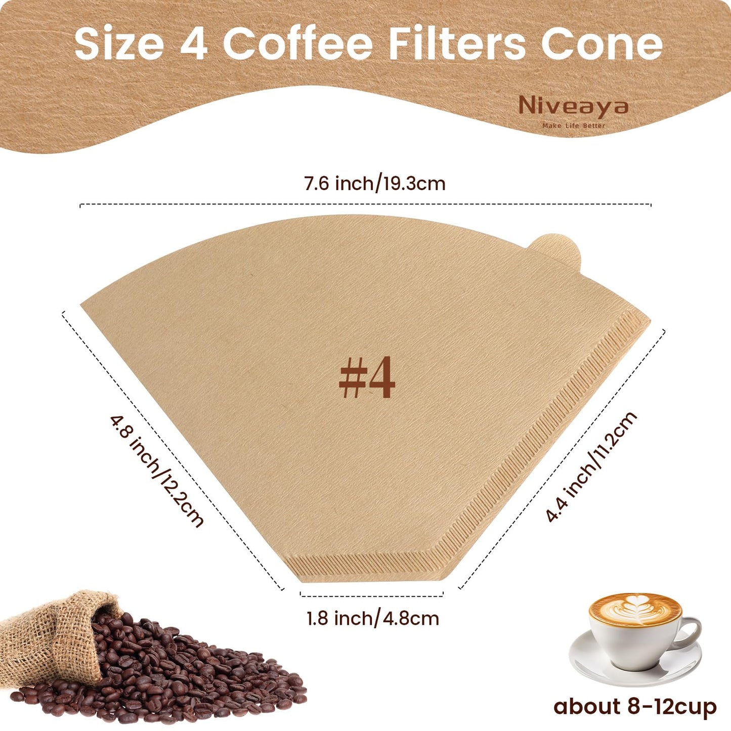 Niveaya Coffee Filters 600 Count, Coffee Filter #4 Cone, Natural Paper Coffee Filter 8-12Cup (natural brown-600pcs, 04)