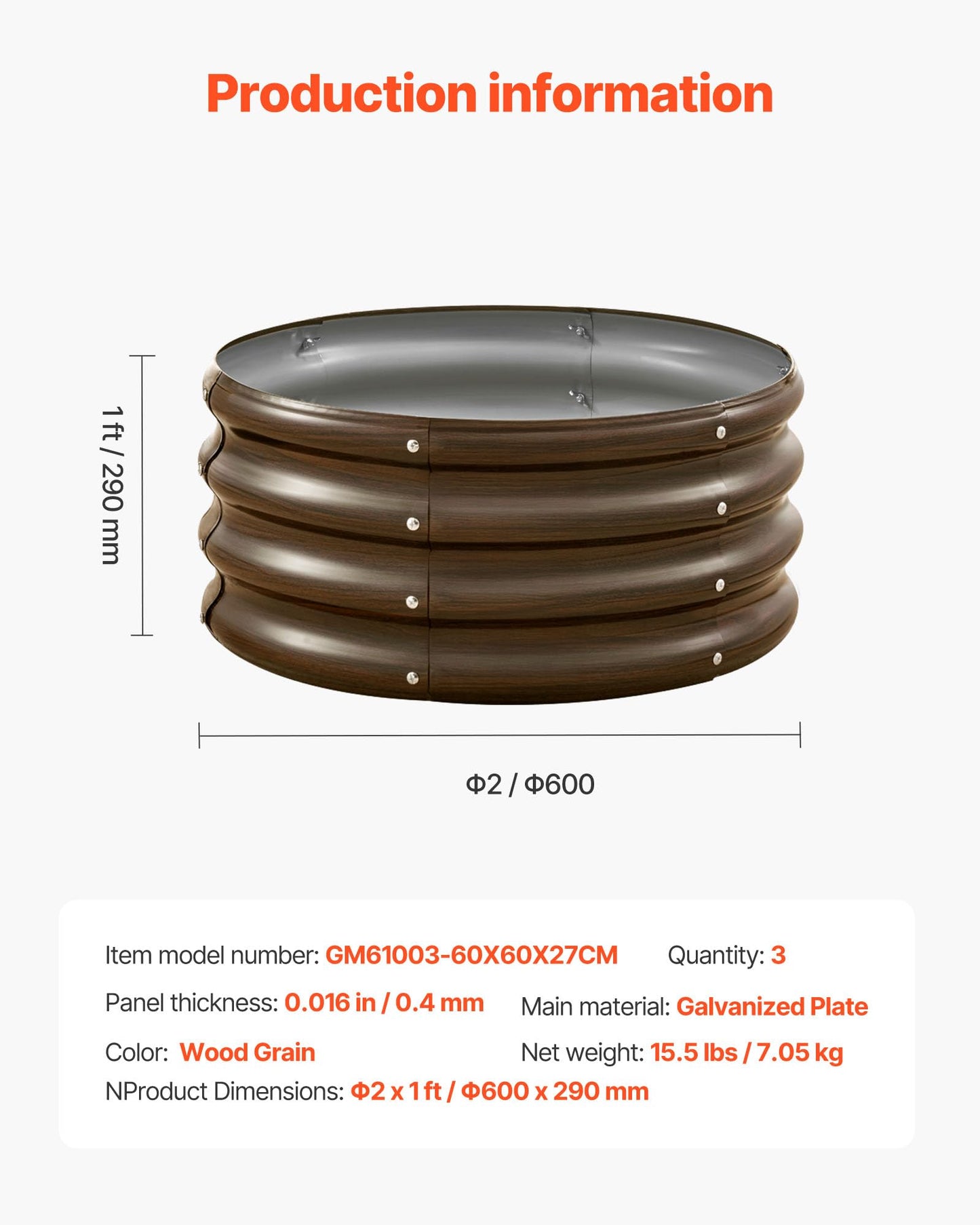 VEVOR 3 Pcs 2x2x1ft Round Galvanized Raised Garden Bed Kit, Outdoor Metal Raised Beds for Gardening Vegetables, Easy Assembly Garden Planter Box for Flowers Fruits with Open Base