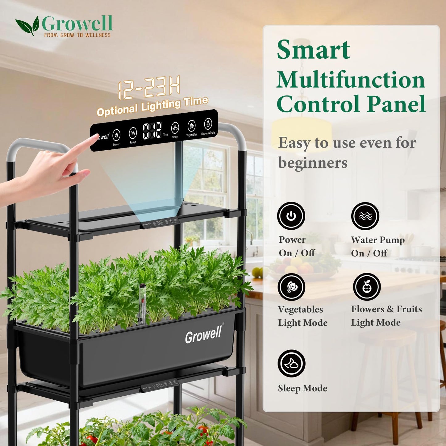 Growell Hydroponics Growing System Kit, 54 Pods Vertical Indoor Herb Garden with Smart LED Grow Light, Auto Circulating Water Pump Each Tier, 28L Hydroponic Gardening Systems for Ideal Gifts (Black)