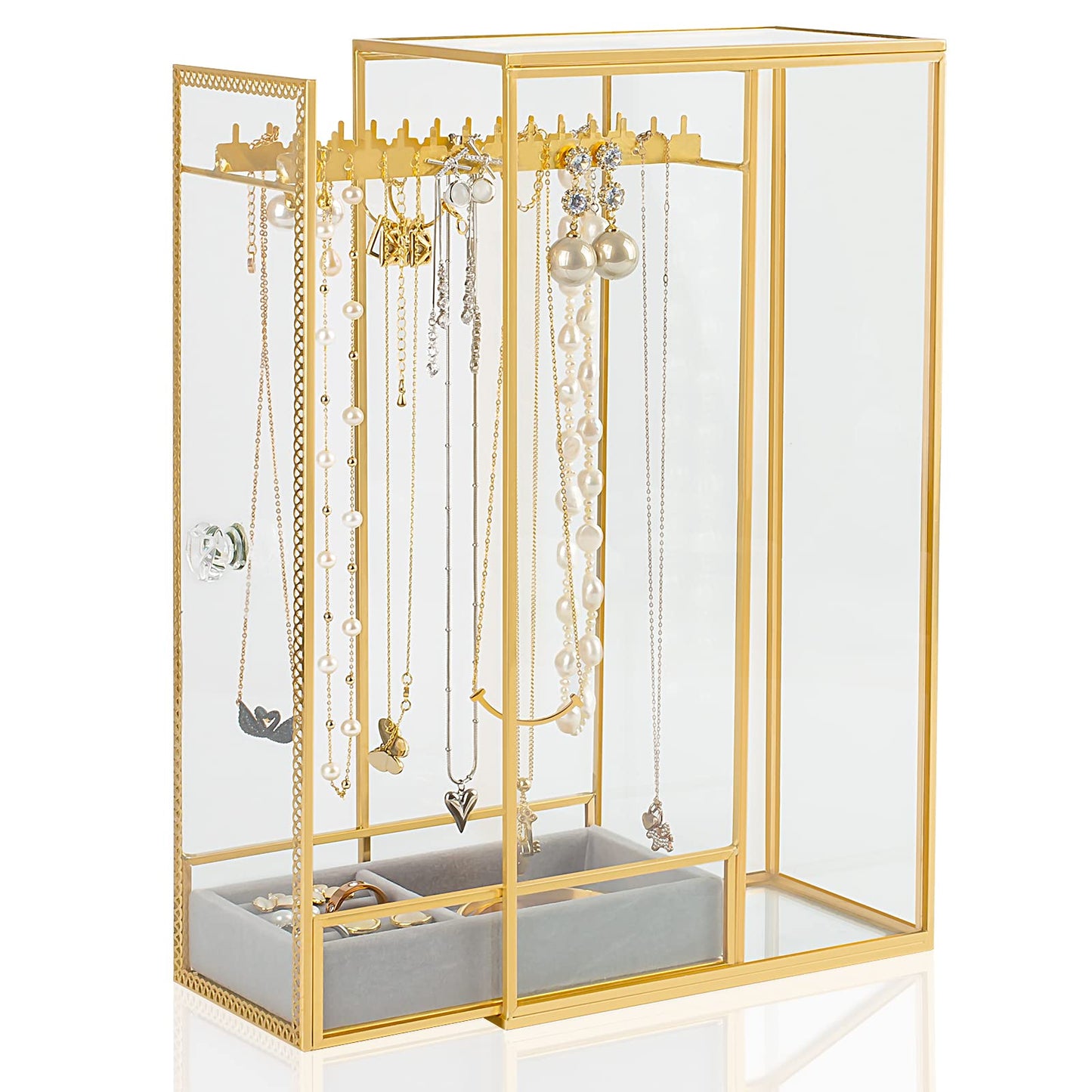 Glass Necklace Organizer Holder, Jewelry Organizer Necklace Holder with Hanging Hooks, Glass Necklaces Display Case for Storage Rings Earrings