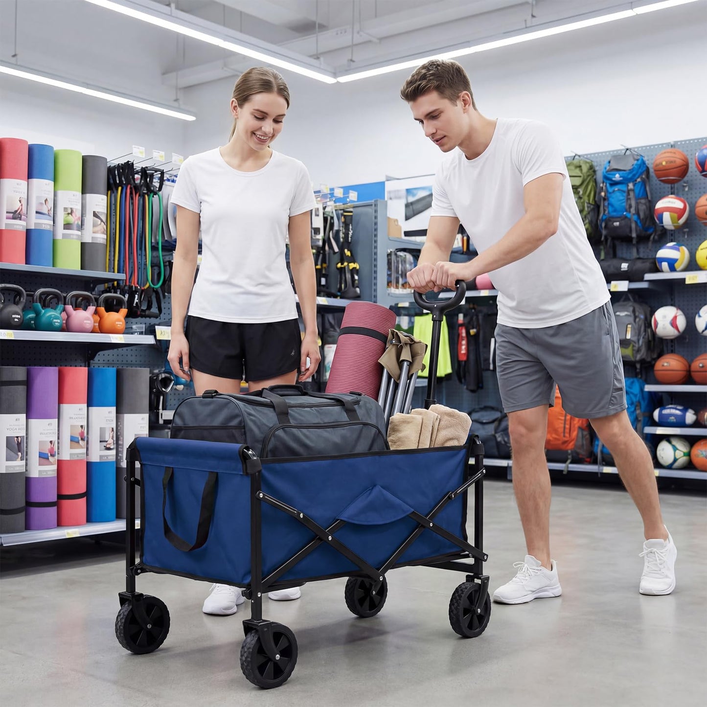 DUMOS Collapsible Wagon Cart, 67L Heavy Duty Utility Folding Wagon with Wheels – 220 lbs Weight Capacity, Flexible Handle for Beach, Grocery, Camping & Garden, Blue
