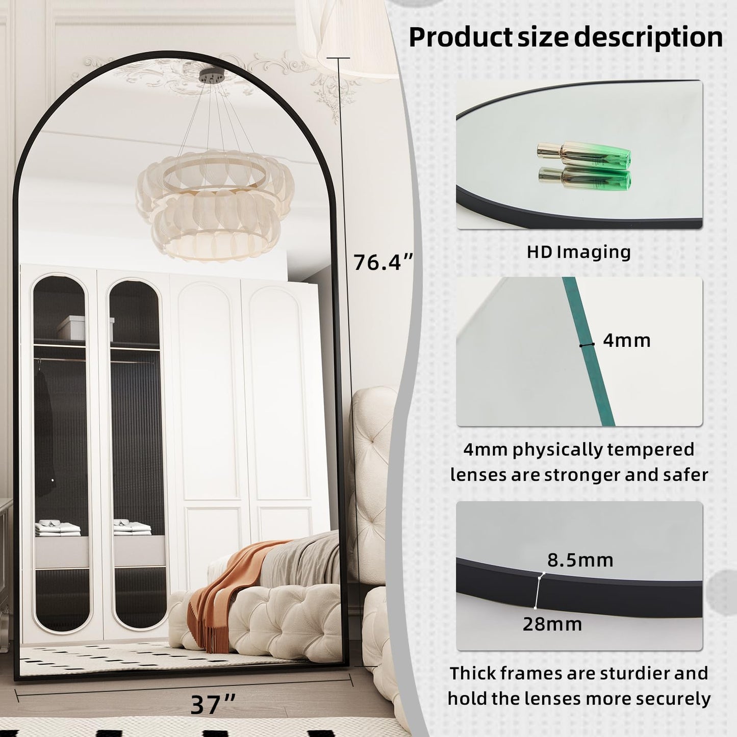 LFT HUIMEI2Y 76.4"x37" Arched Full Length Mirror, Large Full Body Floor Mirror, Tempered Glass Standing Dressing Mirror for Bedroom, Living Room, Gym, Black