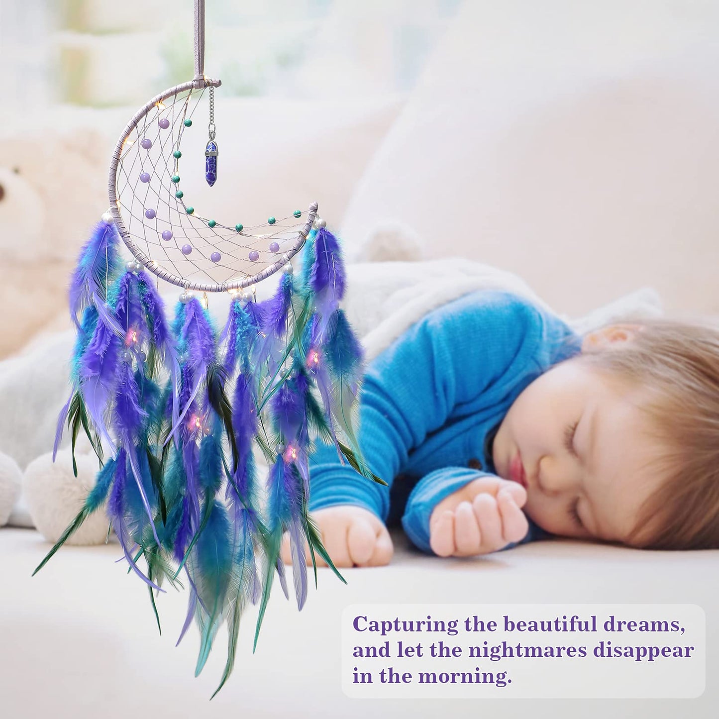 Dremisland Moon Dream Catcher with Fairy Lights-Handmade Feather Lucky Turquoise Pendant Beads Wall Hanging Ornament for Kids Bedroom Home Decoration,Art Craft Gift. (Blue&Purple)