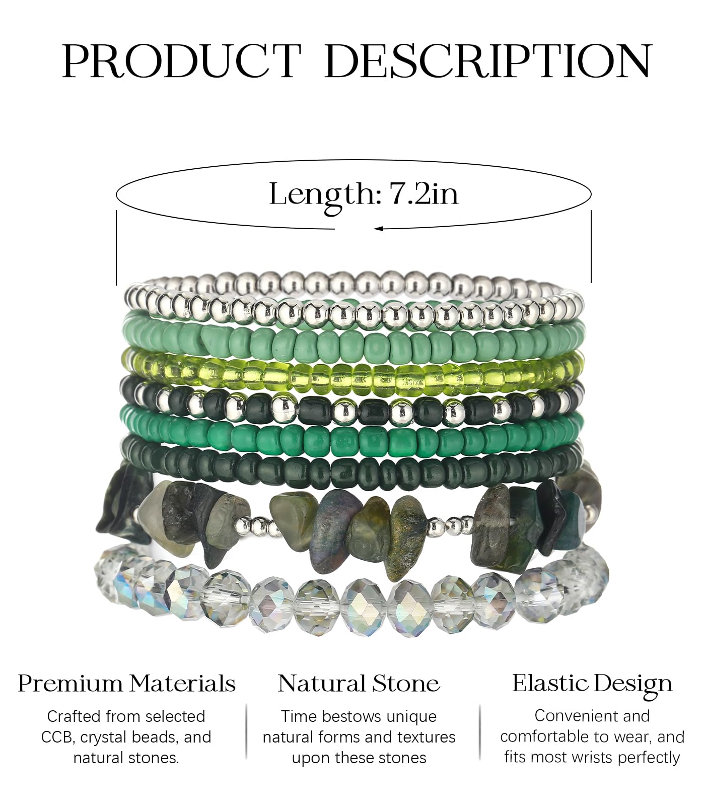 Noessla Boho Beaded Bracelets for Women Stackable Irregular Natural Stone Bead Stretch Bracelet Set 8PCS Costume Jewelry Gifts for Her(Green)