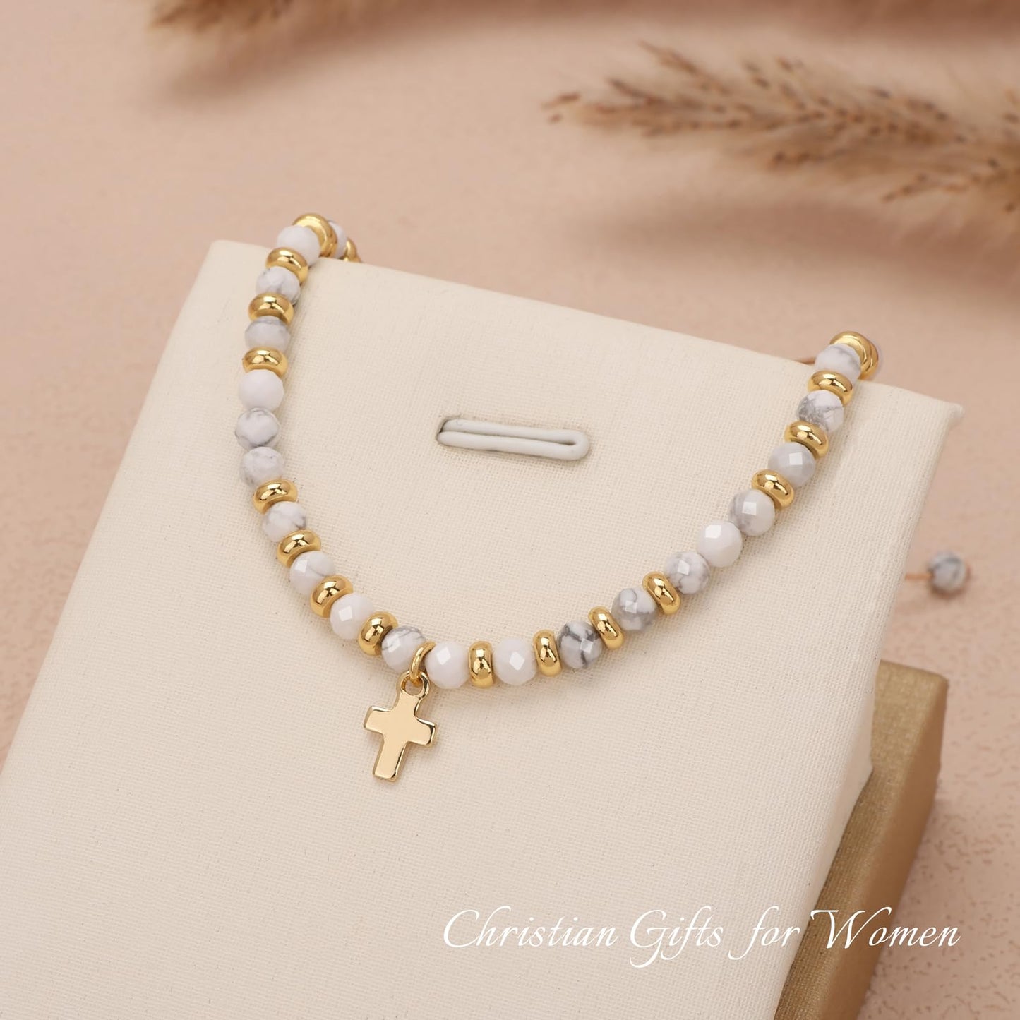 Raicegs Braided Howlite Cross Crystal Bracelet Natural Stone Beaded Bracelet for Women Faith Jewelry Healing Bracelet Christian Gifts for Women Religious Gifts