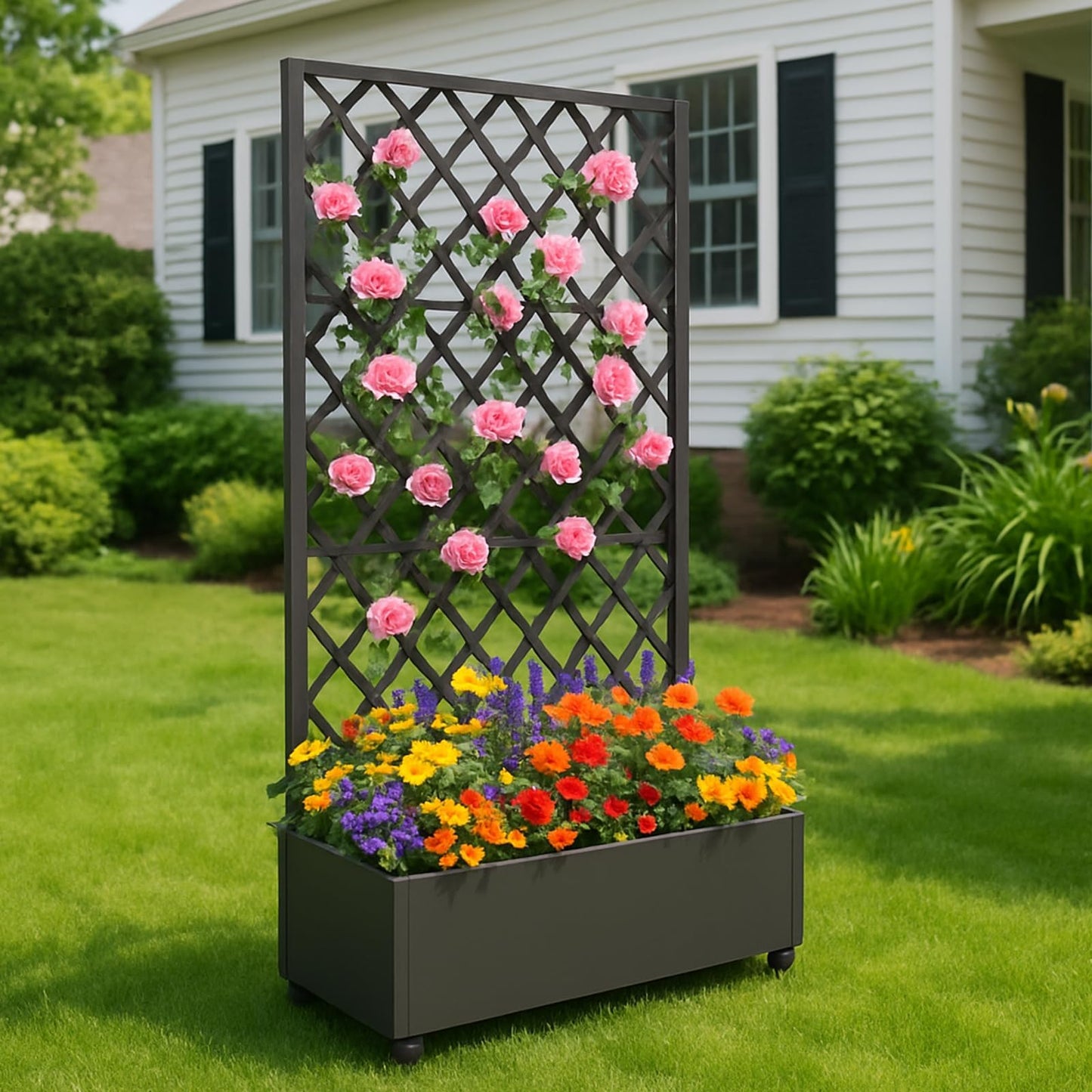 Metal Raised Garden Bed with Trellis and Wheels, 72"x47" Planter Box for Climbing Plants, Vegetables & Vines, Features Drainage Holes and Privacy Screen