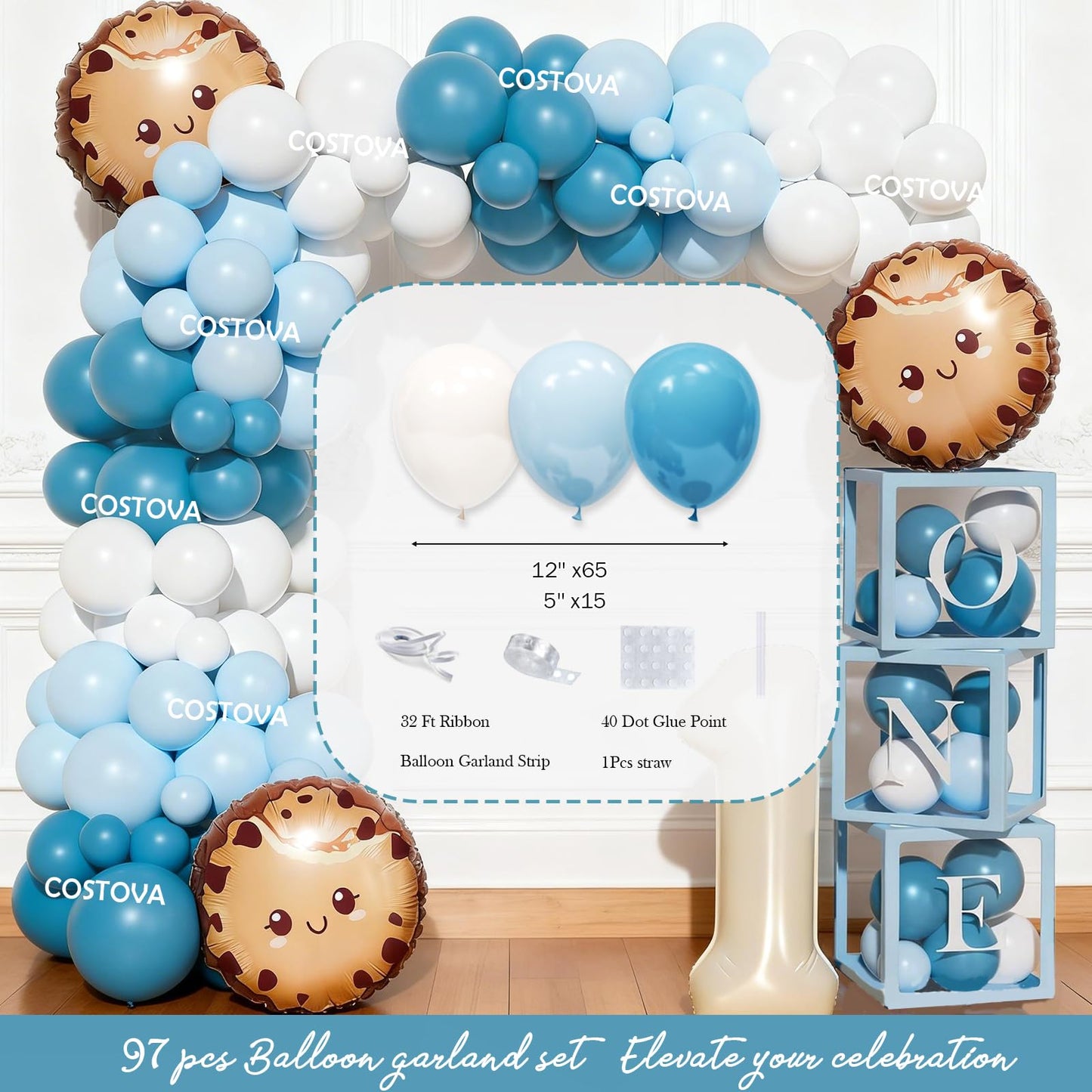 Costova Milk and Cookies 1st Birthday Decorations, 106 PCs One Sweet Cookie Birthday Supplies with Backdrop, Balloon Garland, Cake Topper, Hat for One Year Old Boy Party