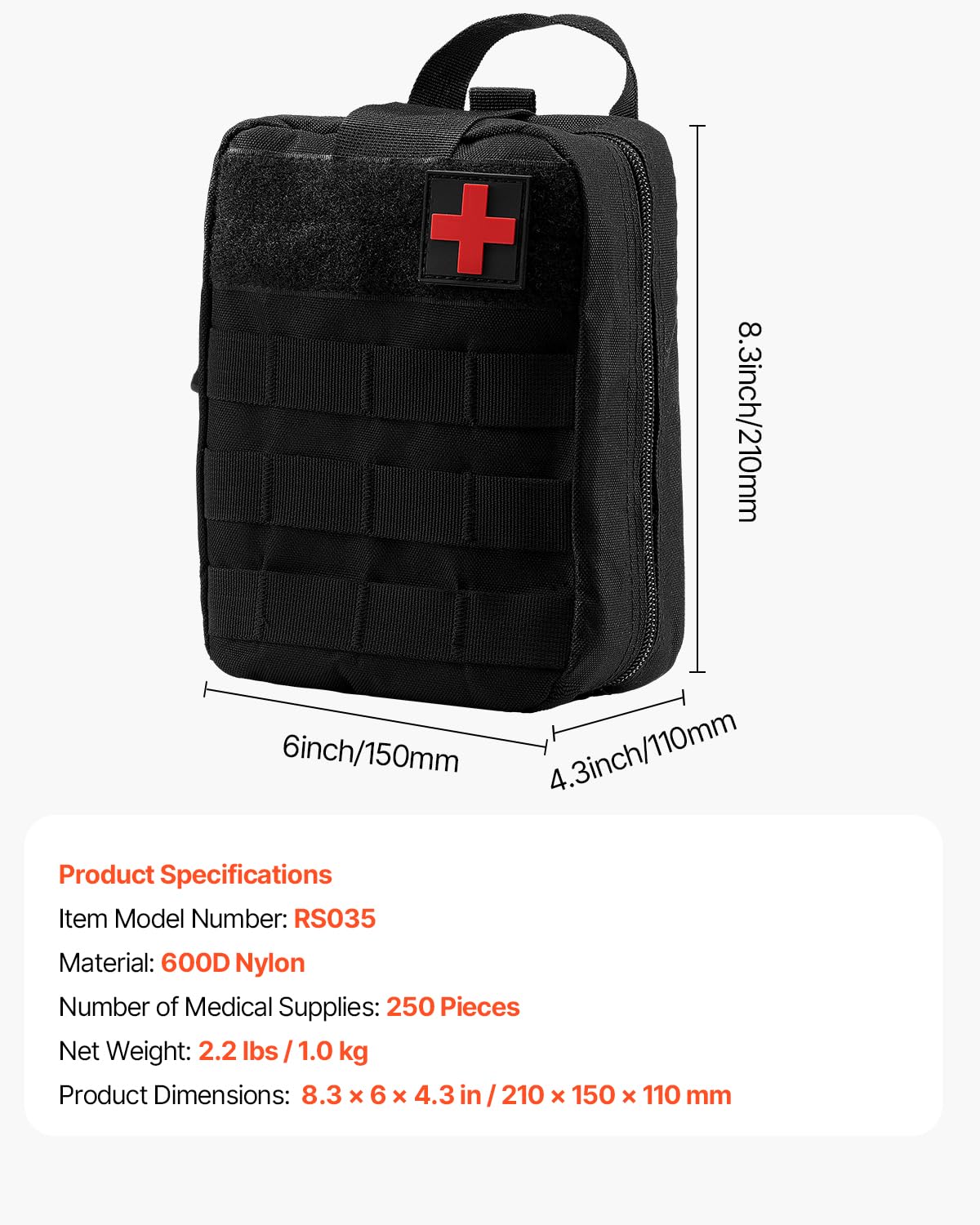 VEVOR Survival First Aid Kit, 250 Pieces, 600D Nylon Trauma First Aid Bag, Survival Gear and Equipment, Emergency Kits, for Men Women Camping, Boat, Earthquake, Hiking, Hunting, and Outdoor Adventure