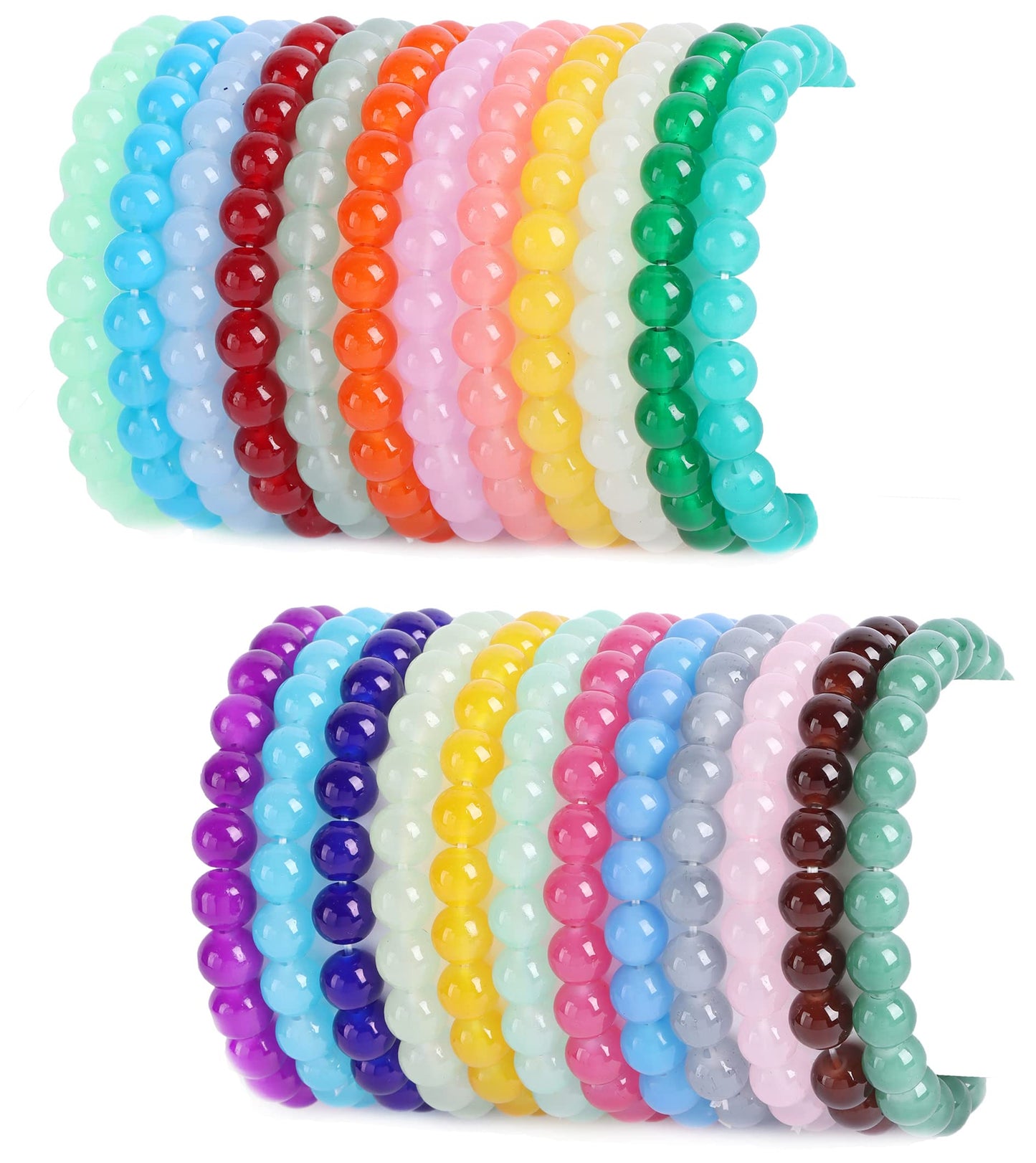 FIRAZIO 24Pcs 8mm Beaded Bracelet for Women Mens Handmade Glass Beads Bracelet Colorful Crystal Bracelet Elastic Round Bead Bracelets Jewelry