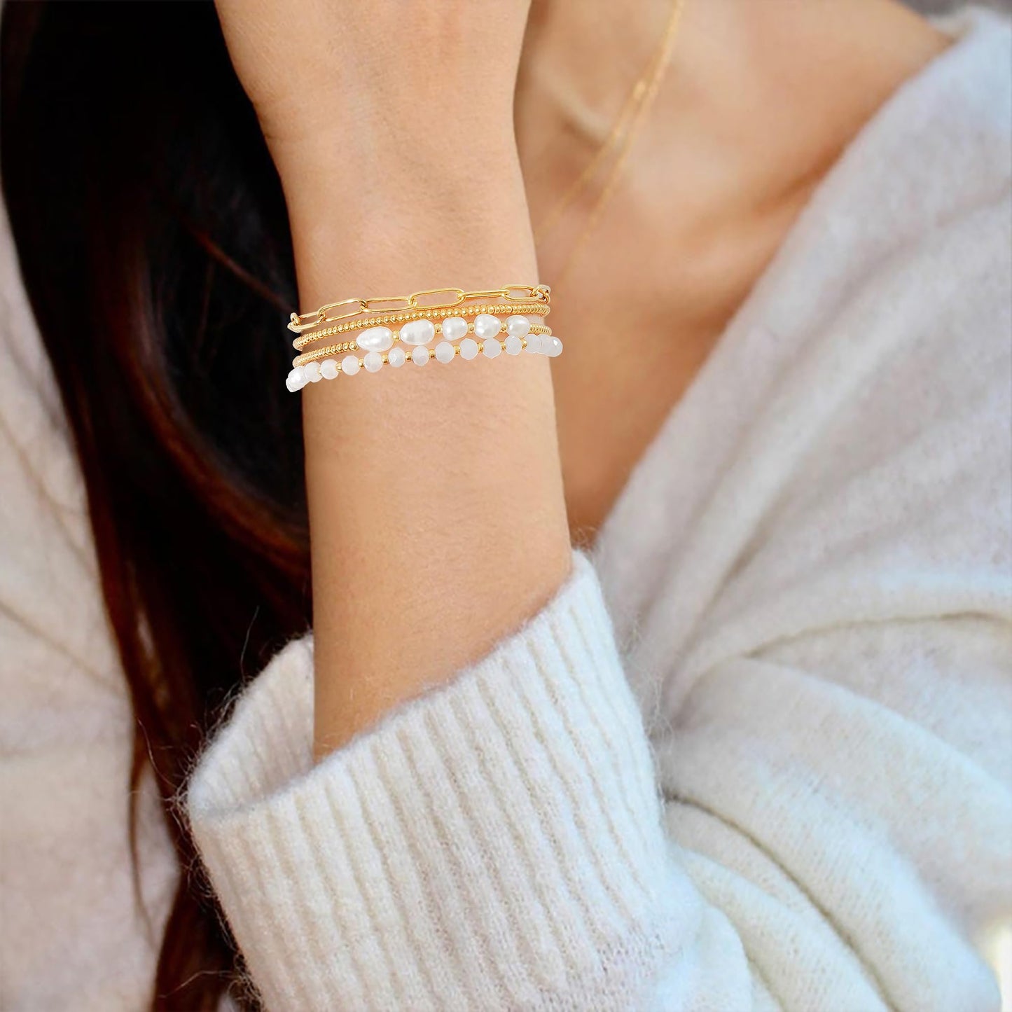 Pymach Dainty Gold Plated Pearl Crystal Beaded Bracelets Set for Women 14K Gold Plated Bead Pearl Beads Bracelet Stackable Paperclip Link Chain Bracelets Gold Plated Bracelets for Women Trendy Jewelry