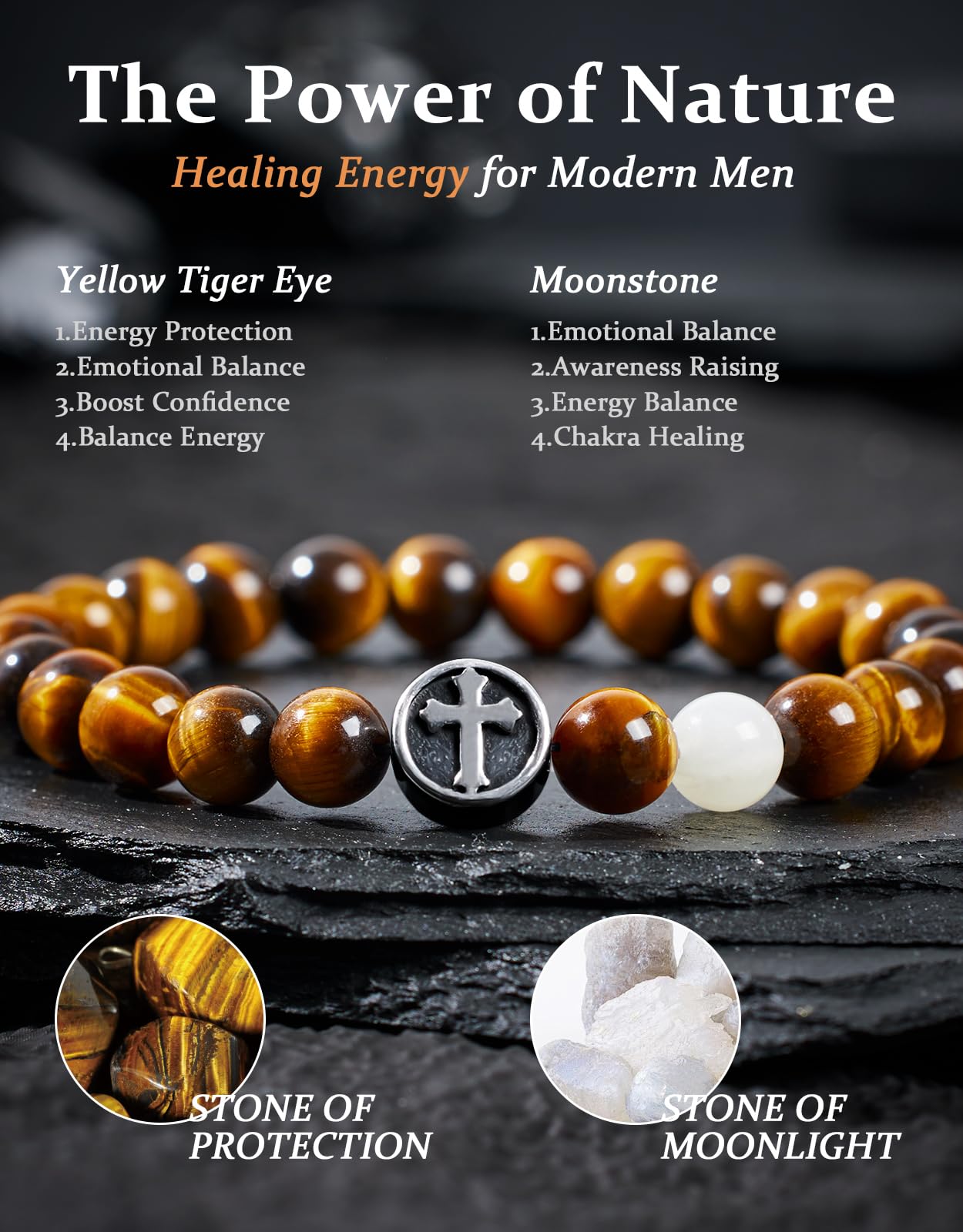 Landorilo Gifts for Men, 8mm Cross Natural Stone Beaded Bracelets, Yellow Tiger Eye Healing Bracelet, Handmade Mens Jewelry Gift for Him, Husband, Son, Father, Friend(To My Son-8.3in)