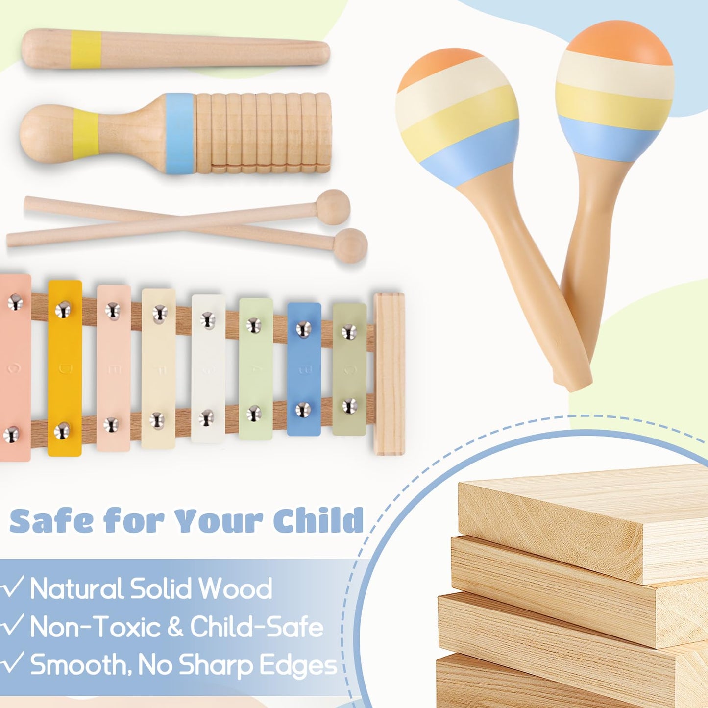 Baby Musical Instruments, Montessori Wooden Musical Toys for Toddlers 1–3, Xylophone Tambourine Triangle Maracas, Wooden Baby Instruments, Kids Preschool Educational Toys, Birthday Gift for Boys Girls