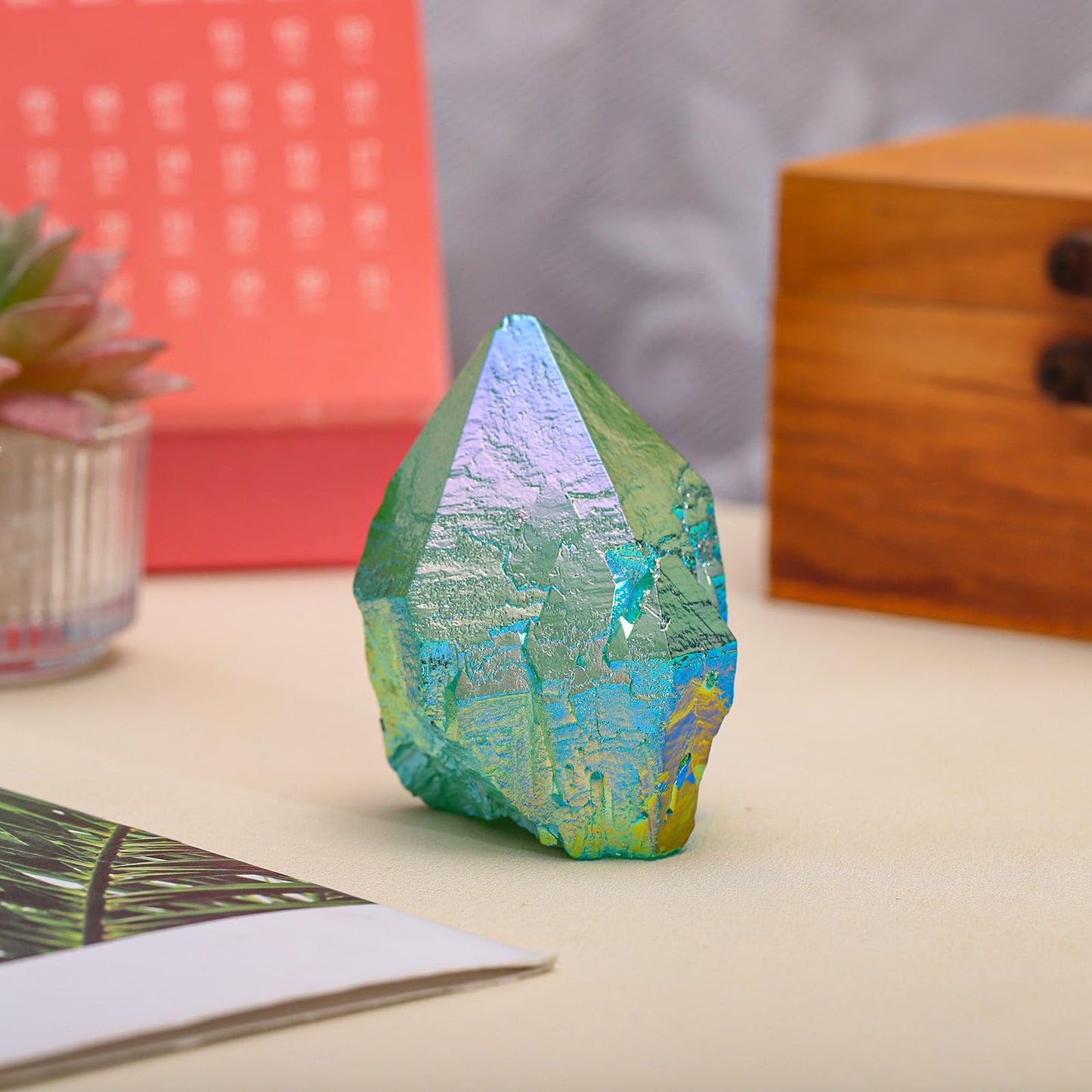mookaitedecor Angel Aura Quartz Natural Rock Quartz Titanium Coated Crystal Points, Geode Rocks Crystal Cluster Stone Specimen for Meditation Home Decor, Green