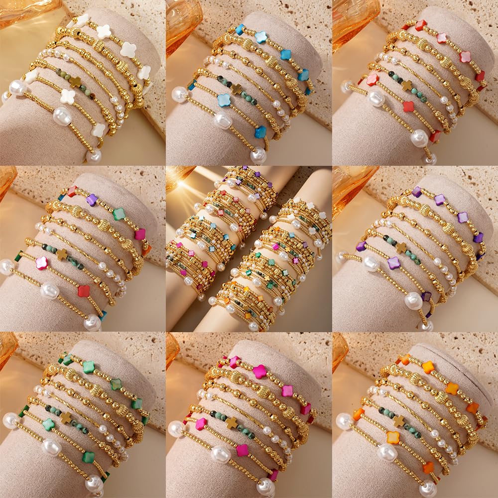 SHINUS BOHO St Patricks Day Bracelets for Women,Gold Bracelet Stack,Bohemian Green Clover Elastic Pearl Stackable Stretch Bracelet Set Fashion Festival Theme Party Saint Patricks Day Accessories Outfits Jewelry Gifts