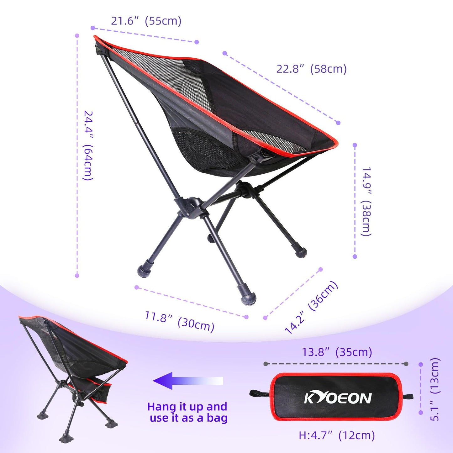 KYOEON Portable Camping Chair, Black 1Pack, Ultralight Durable Foldable Chair for Outdoor Camp, Travel, Beach, Picnic, Garden, Sport Sturdy Frame, Comfortable Collapsible Lawn Chair, Supports 330Lbs