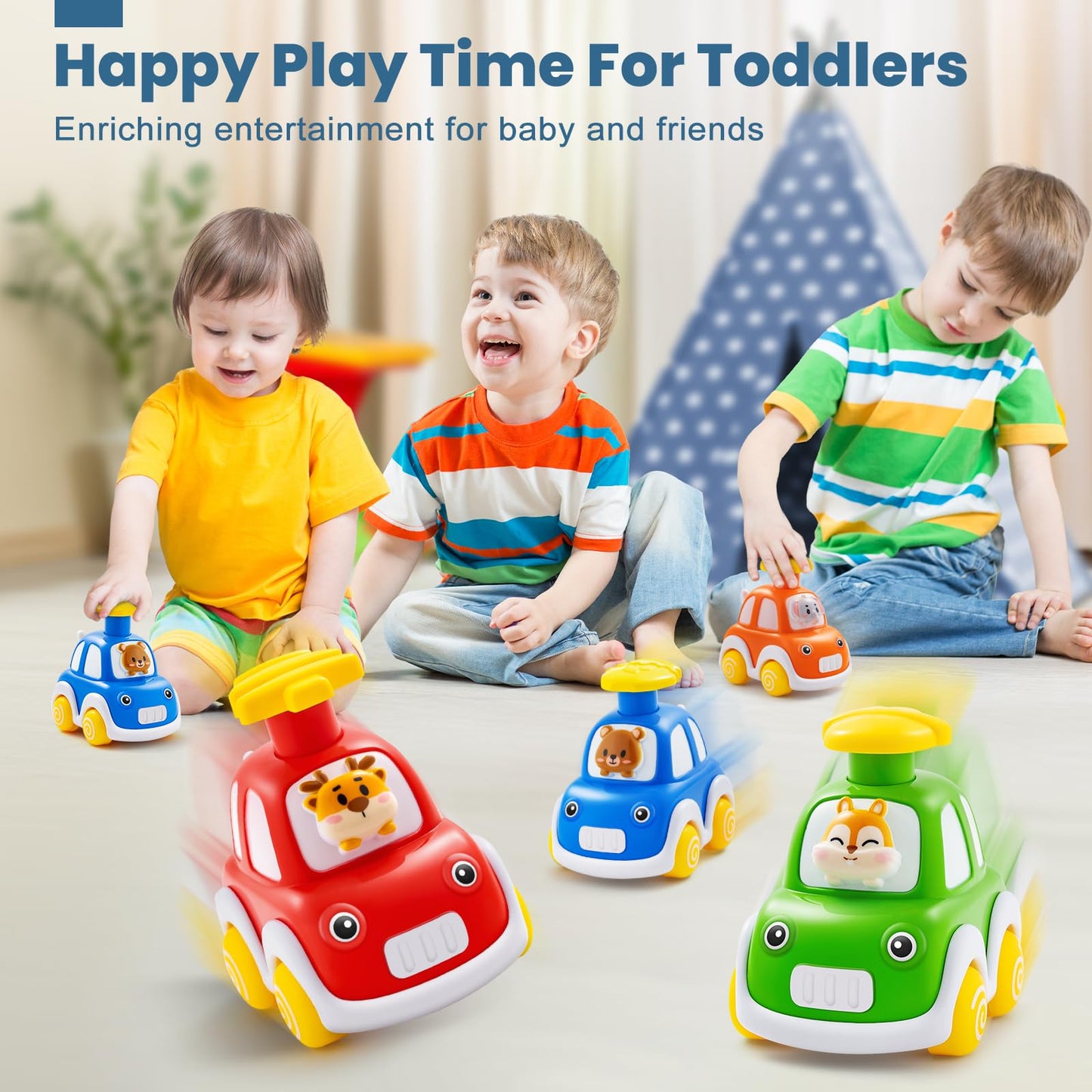 TooyBing Press and Go Car Toys for Toddlers 1-3, 4 Pack Animal Baby Car Toys for 1 2 Year Old Boy, Push Go Friction Vehicle Toys for Infants 12-18 Months, One First Birthday Gifts for Boys Girls