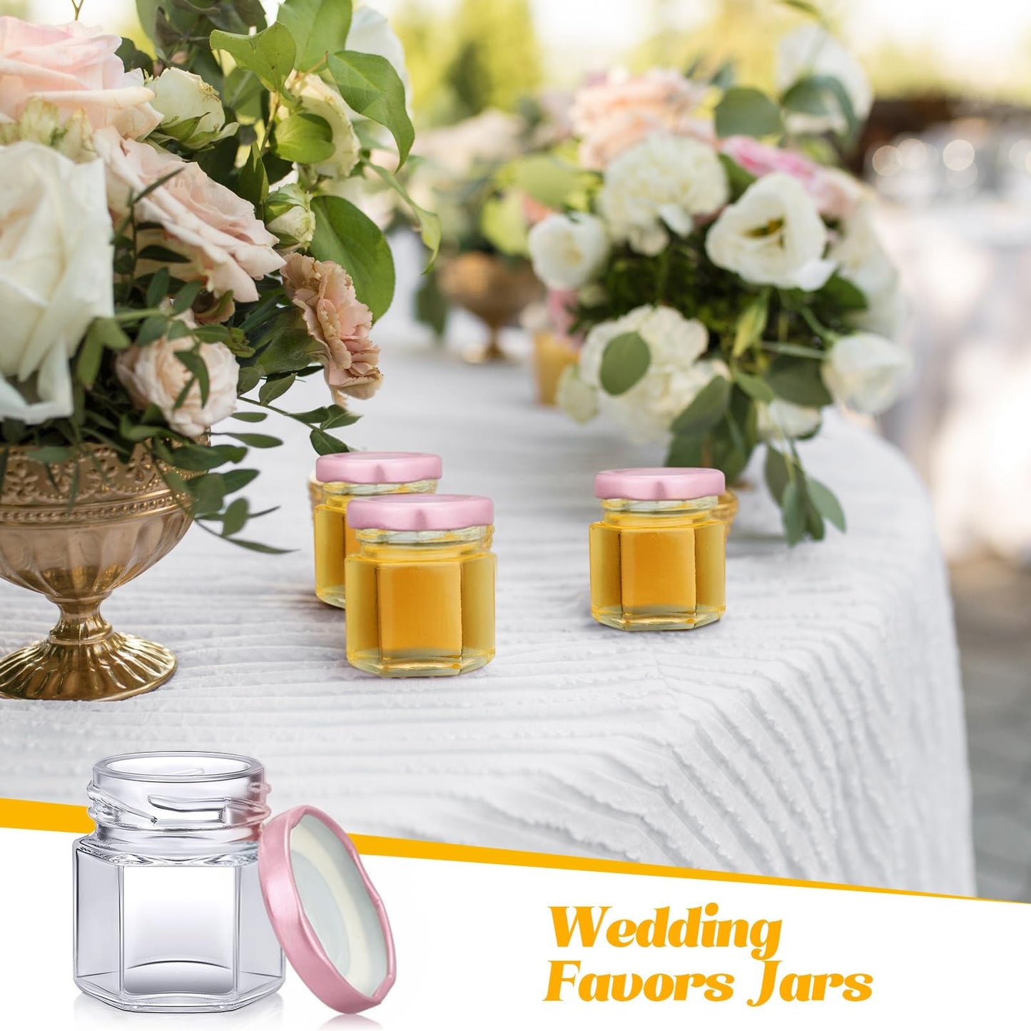 Nuogo 100 Pack 1.5oz Mini Hexagon Glass Jars Bulk for Wedding Small Honey Jars with Lids for Spice Canning Mason Gifts Candy Honey Wedding Party Favors DIY Crafts (Pink)