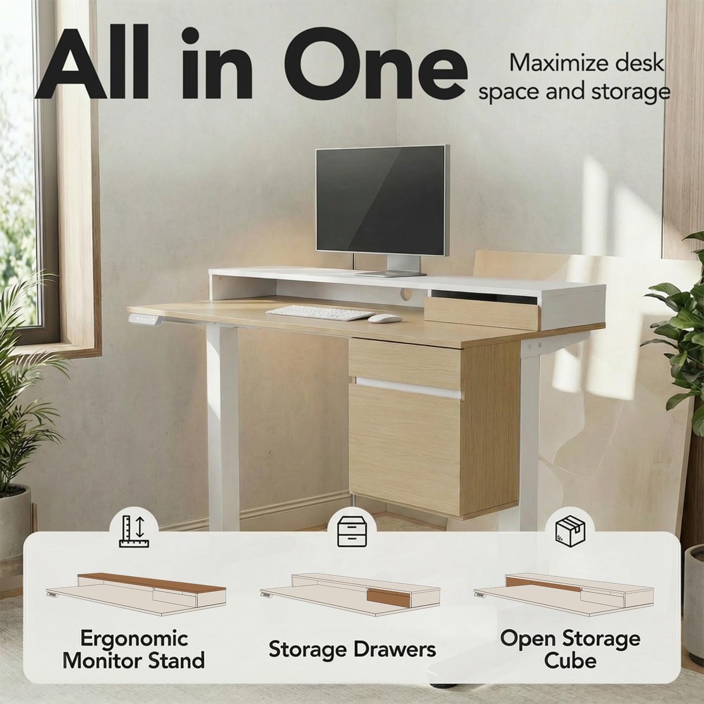 ErGear Electric 47 inch Standing Desk with Drawers and File Cabinet, Adjustable Stand up Desk with Storage, Ergonomic Sit Stand up Table Compatible Monitor Stand, Light Walnut