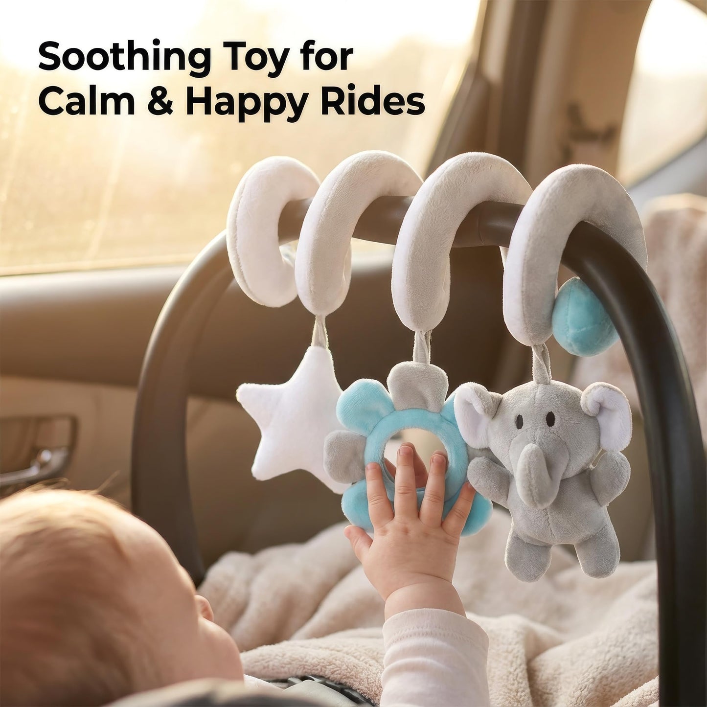 Car Seat Toys Spiral Hanging Elephant, Baby 0-6-12 Months Newborn, Carseat Hanging for Stroller Toys & Crib Hanging, with Rattle BB Squeaker Mirror, Baby Car Seat for Babies Boy Girl