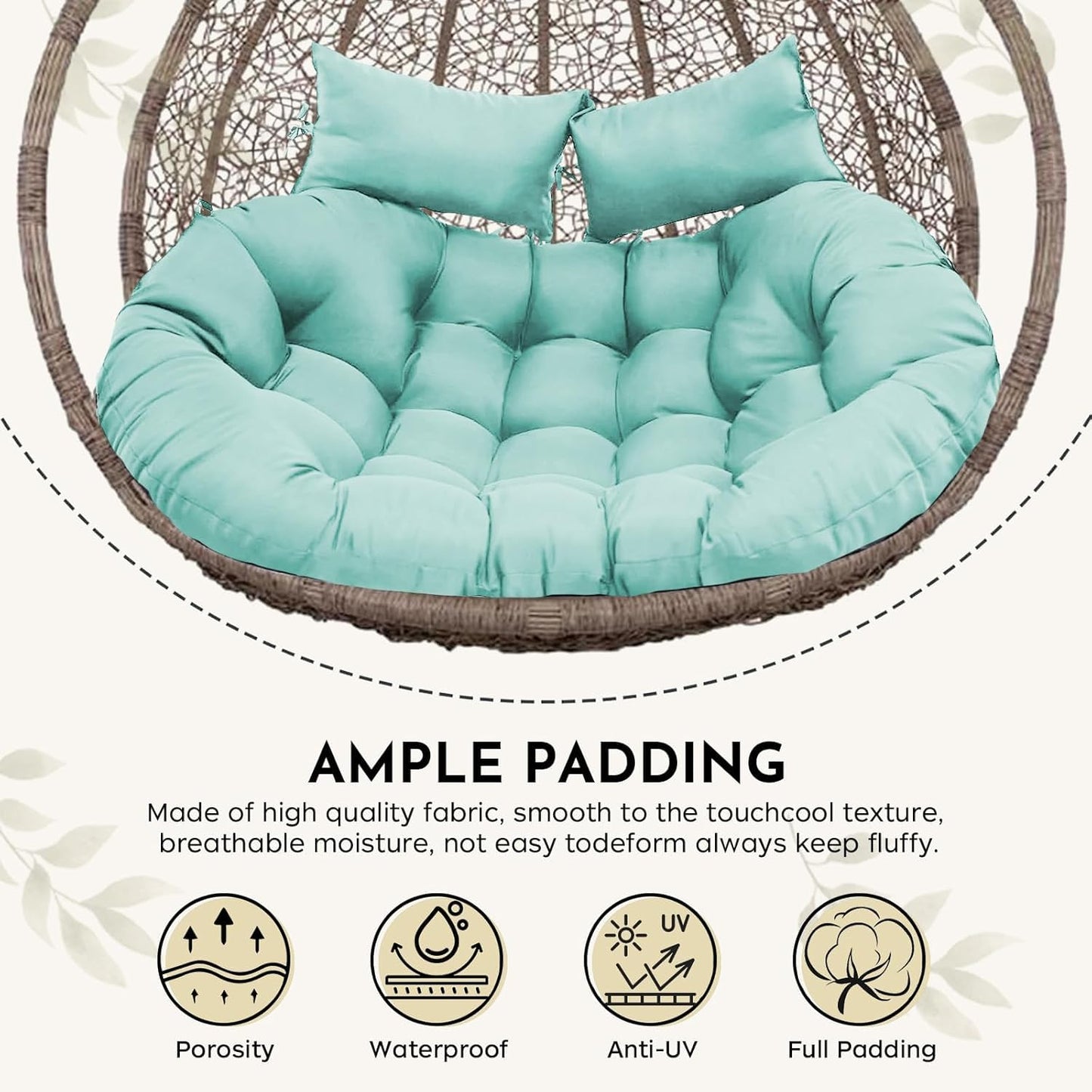 boyspringg Double Egg Chair Cushion Replacement 55x35 Inch, Thickened Memory Foam Patio Cushion for Large Double Egg Swing Chair Papasan, Outdoor Waterproof & Soft Seat Pad, Teal