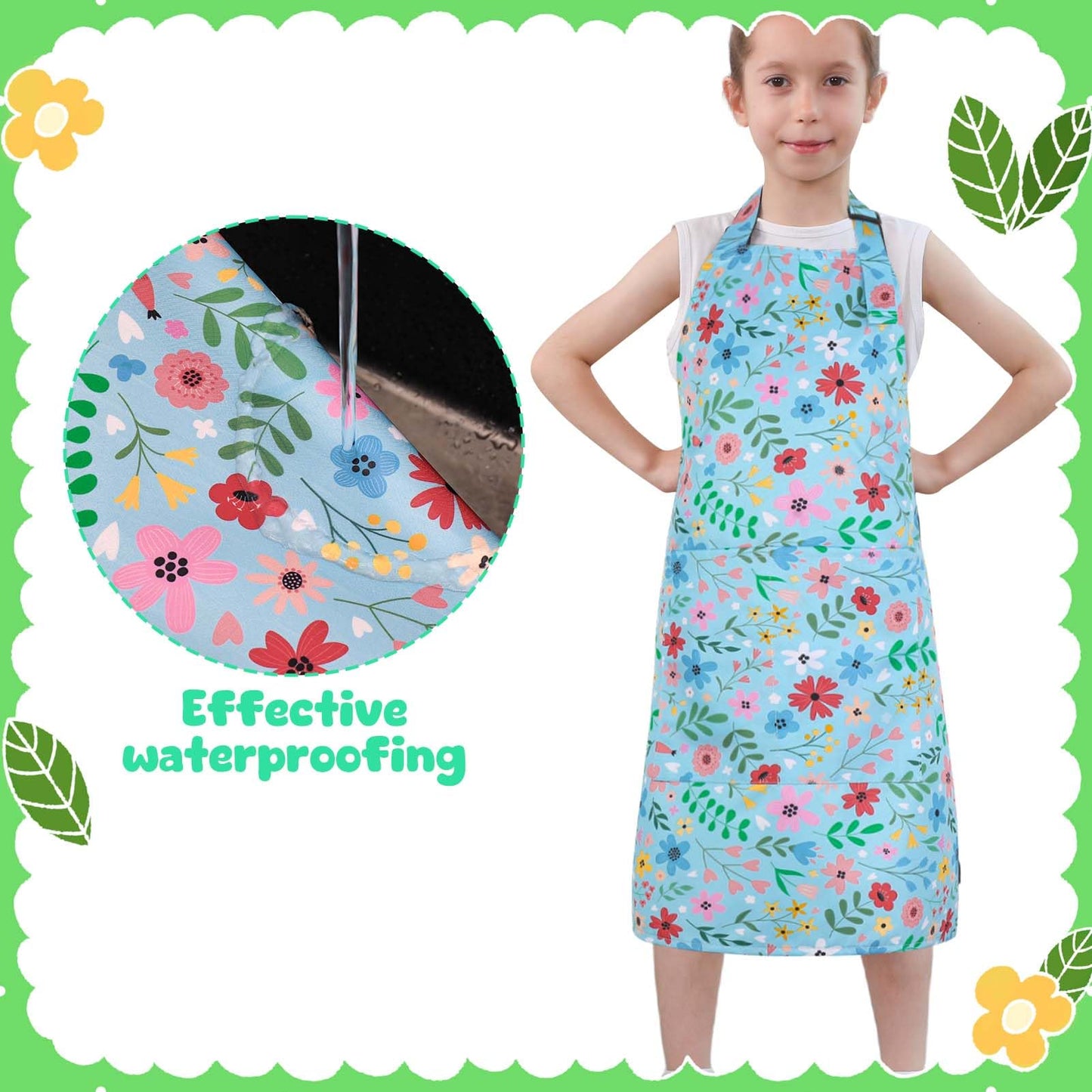 XLSXEXCL 2 Pack Kids Apron, Cute Floral Aprons, kids Aprons for Cooking Waterproof Art Apron with Pockets, Toddler Painting Artist Apron Adjustable for Boys and Girls for Painting Cooking Baking