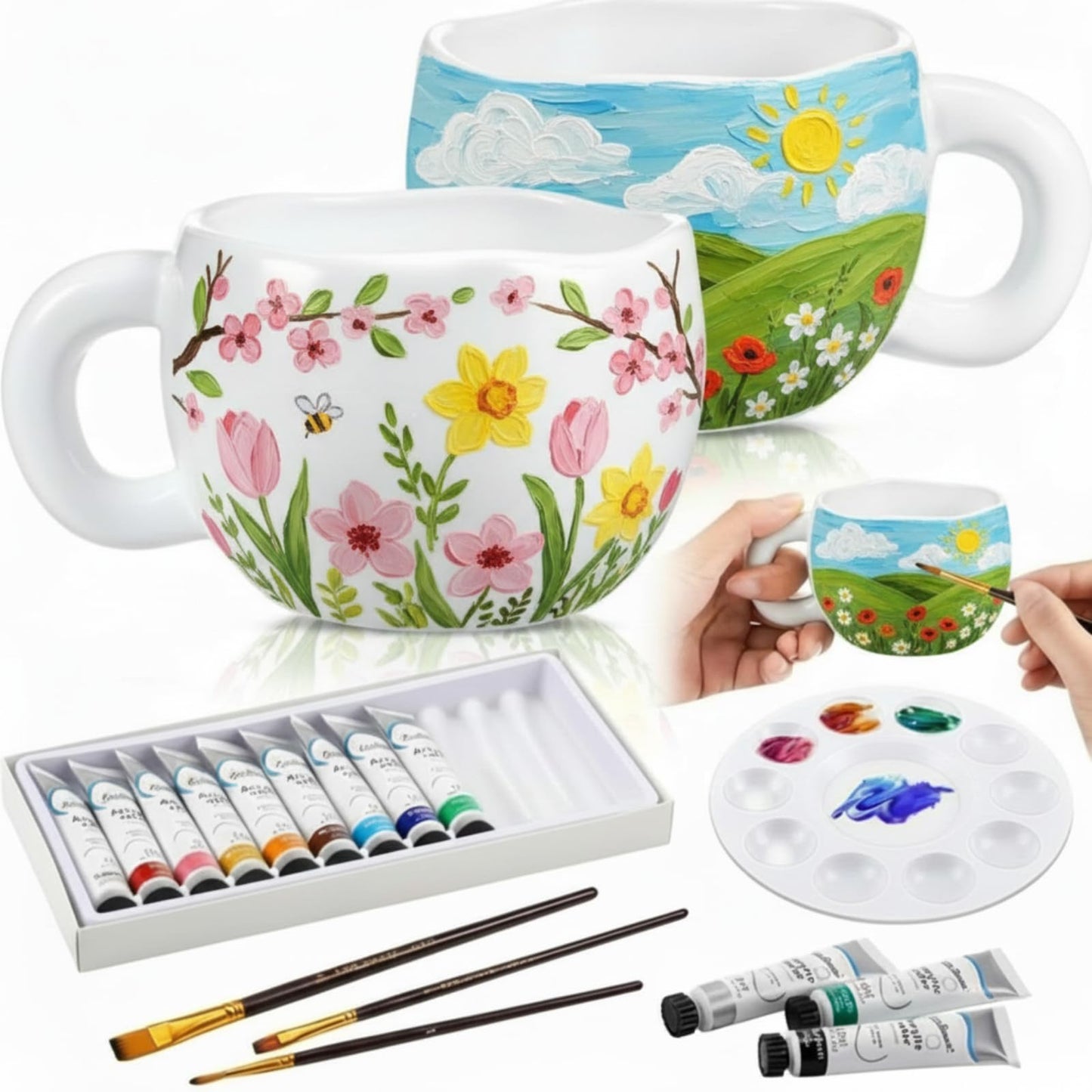 Geiserailie Pottery Painting Kit for Adults, Paint Your Own Mug DIY Set with 2 Ceramic Mugs, 12 Acrylic Paints & Brushes Painting Gift for Easter Graduation Mother's Day Party(Petal-Shaped Mouth)