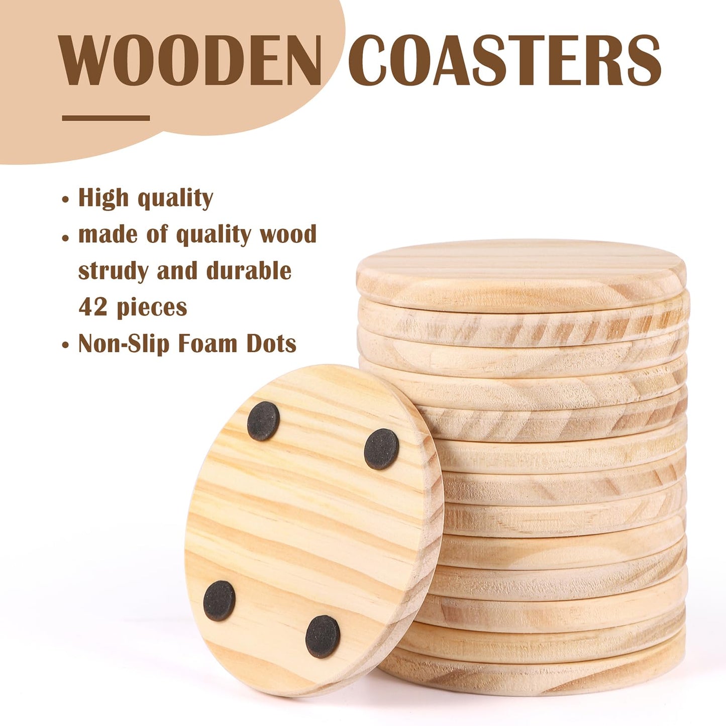 42 Pieces Unfinished Wood Coasters, 4 Inch Round Blank Wooden Coasters for Crafts with Non-Slip Silicon Dots for DIY Stained Painting Wood Engraving Home Decoration