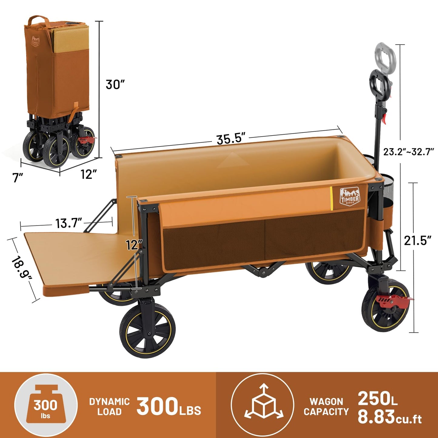 Timber Ridge 49" Extra Long Collapsible Folding Wagon with Tailgate and Brakes, 250L Capacity All-Terrain Wagon Carts Foldable, 300lbs Portable Cart for Dog, Garden, Outdoor Camping Sports, Orange
