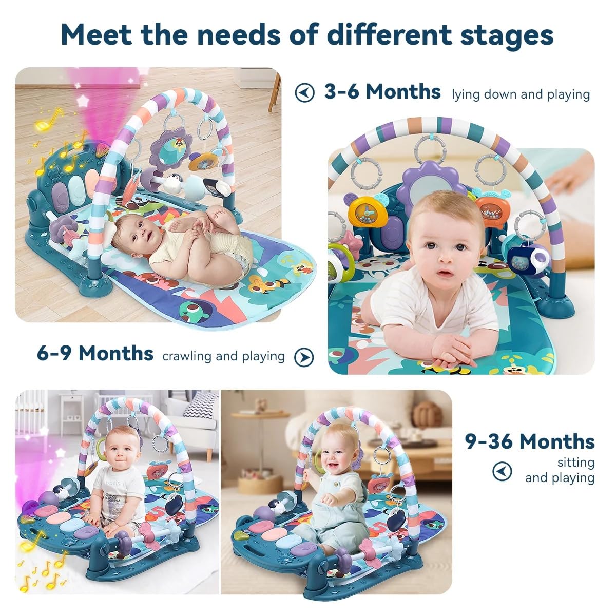 Baby Gym Play Mat, Piano Kick and Play Lights and Music Tummy Time Toys Infant Musical Activity Gym Mat for Visual, Hearing, Sensory, Gift Suitable for Newborns Aged 0 to 3 6 9 12 Months (Blue)