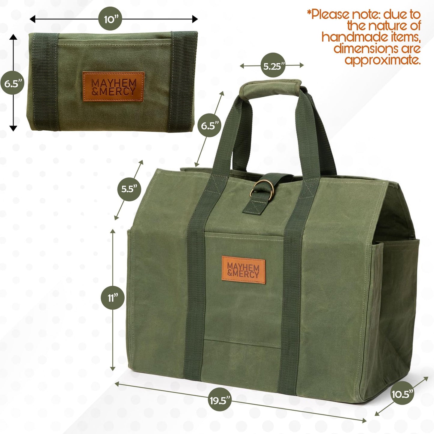 MAYHEM & MERCY Extra Large Waxed Canvas Firewood Carrier Tote – Heavy Duty Log Bag with Handles & Pocket – Self-Standing Wood Holder for Fireplace, Camping, and Outdoor Use – Hunter Green