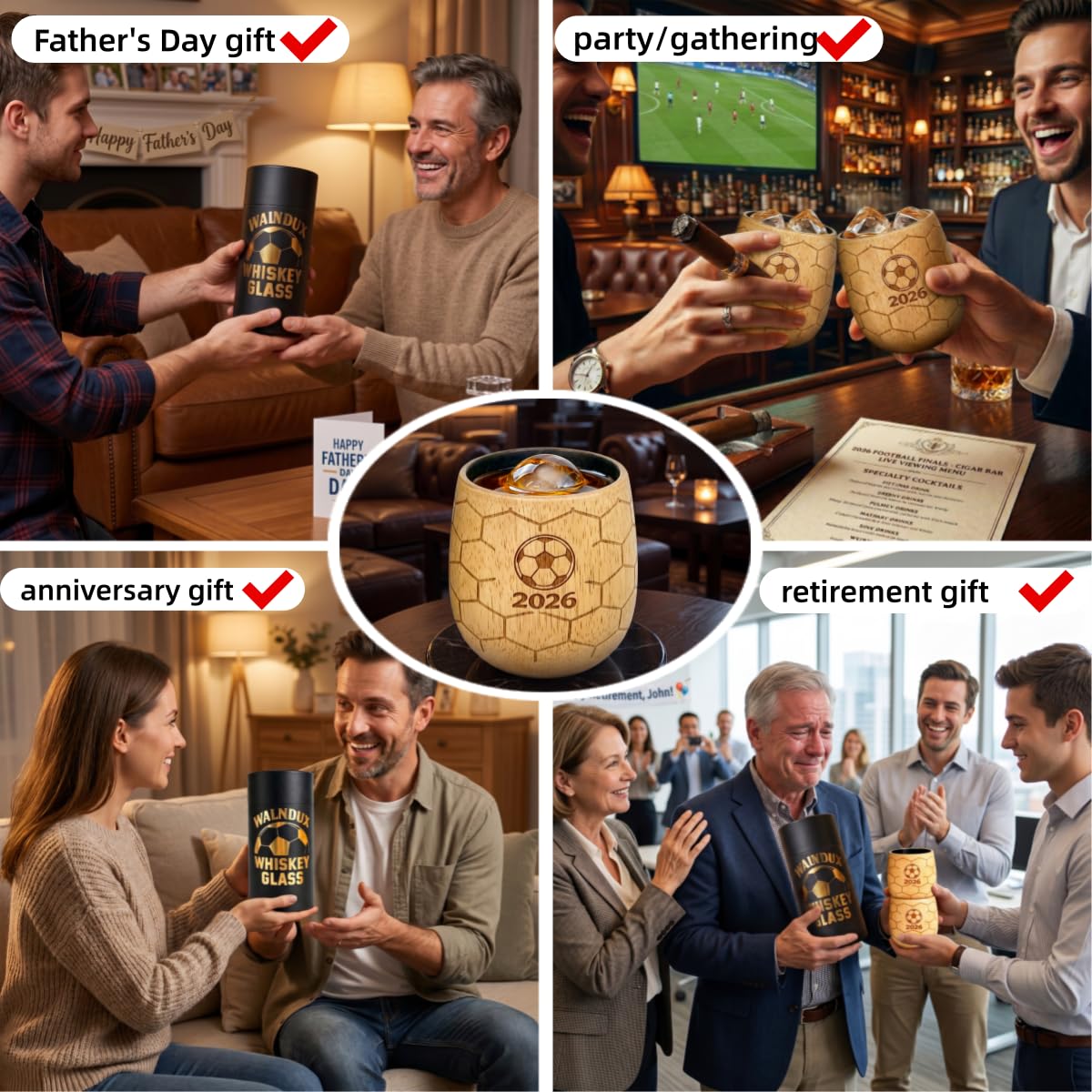 Charred Wooden Whiskey Glasses, 2026 Limited Edition Old Fashioned Glass Set, Unique Gifts for Men Who Love Soccer – for Dad, Brother, or Husband (2 Pack)