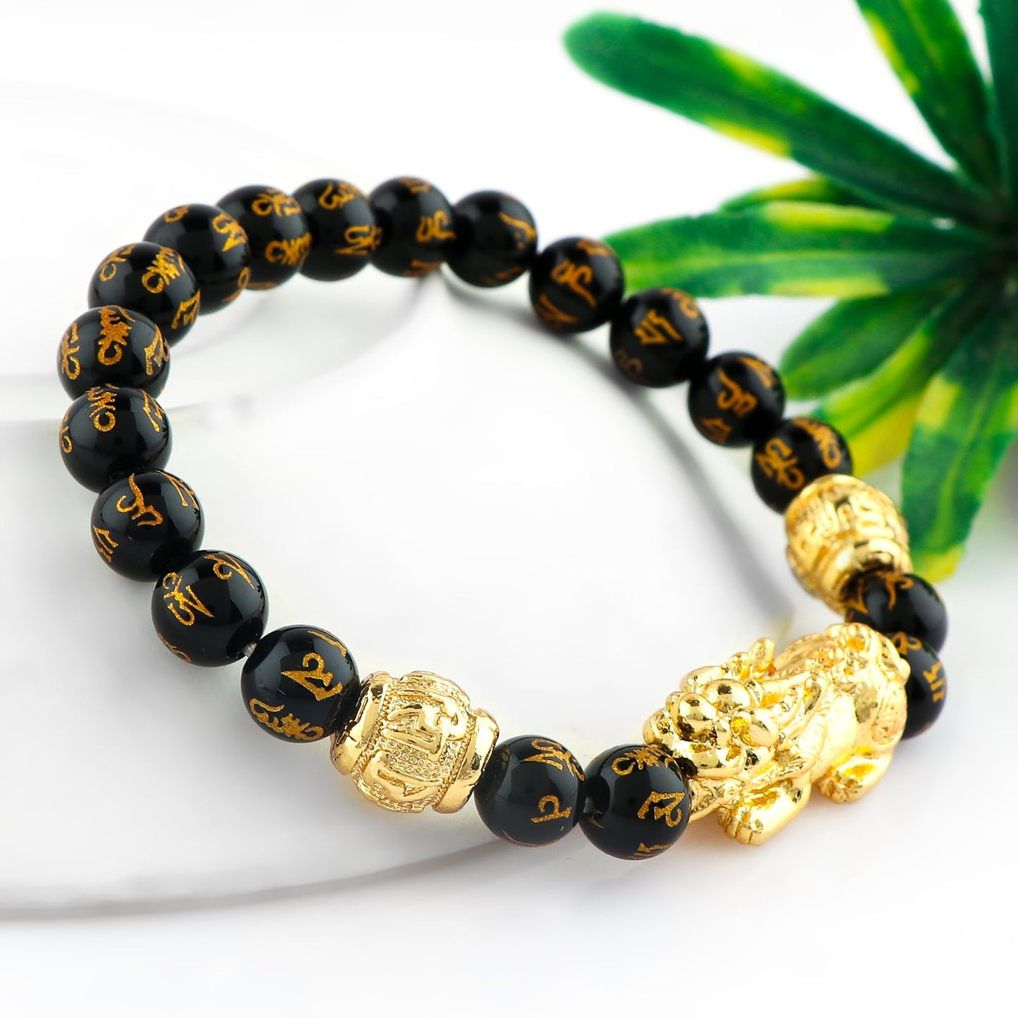 CRYSTALINES Om Mani Padme Hum Lion Beads Bracelet, Onyx Gemstone Stretchable Beaded Bracelet, Handmade, Chakra - Healing - Yoga - Spiritual - Protection, Kundalini Stretch Bracelet - 8mm Beads