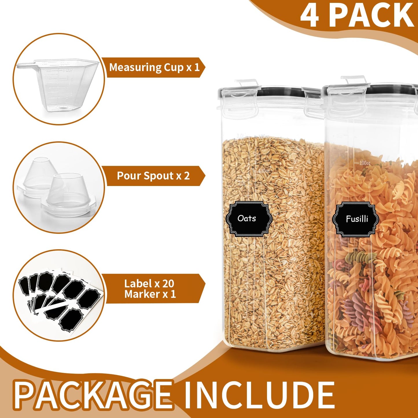 Cereal Containers Storage Set (4L / 135.2oz), 4PCS Airtight Food Storage Containers with Lids, Cereal Dispensers for Kitchen Pantry Organization and Storage with Pour Spout, 20 Labels, Marker
