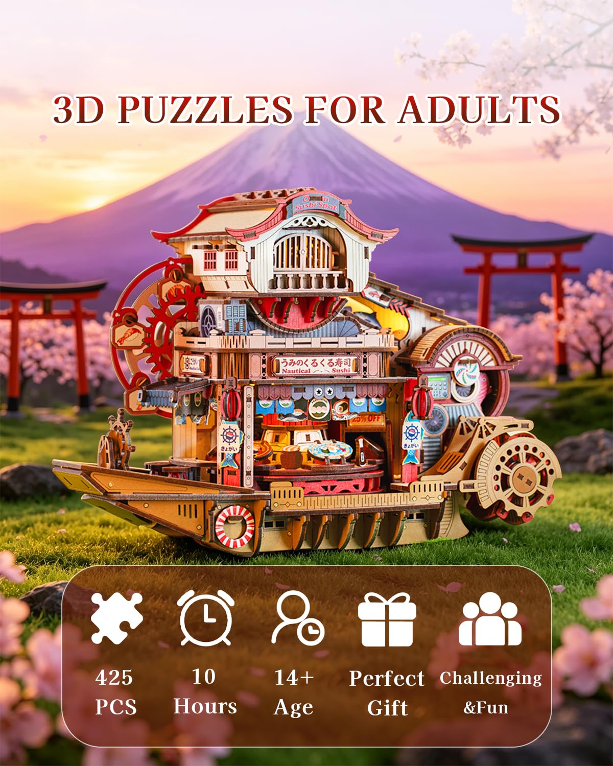 Nautical Sushi 3D Puzzles for Adults, 425PCS Wooden Mechanical Model Building Kit with Music and Lights, Miniature House Kit, Unique Home Decor Craft Gifts for Christmas Birthday