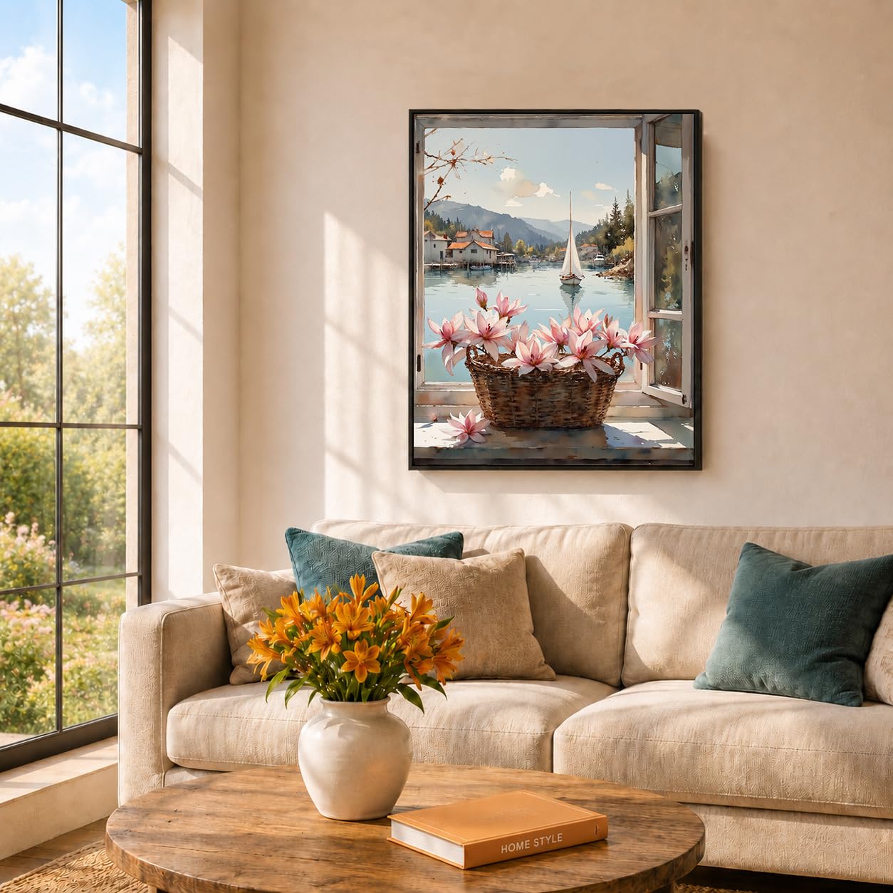 EnLvYY Paint by Numbers Kit for Adults 16x20in, (Unframed) DIY Acrylic Painting on Canvas, Flower Basket and Sailboat Lake View Through Window, Beginner Landscape Wall Art for Home Decoration or Gift
