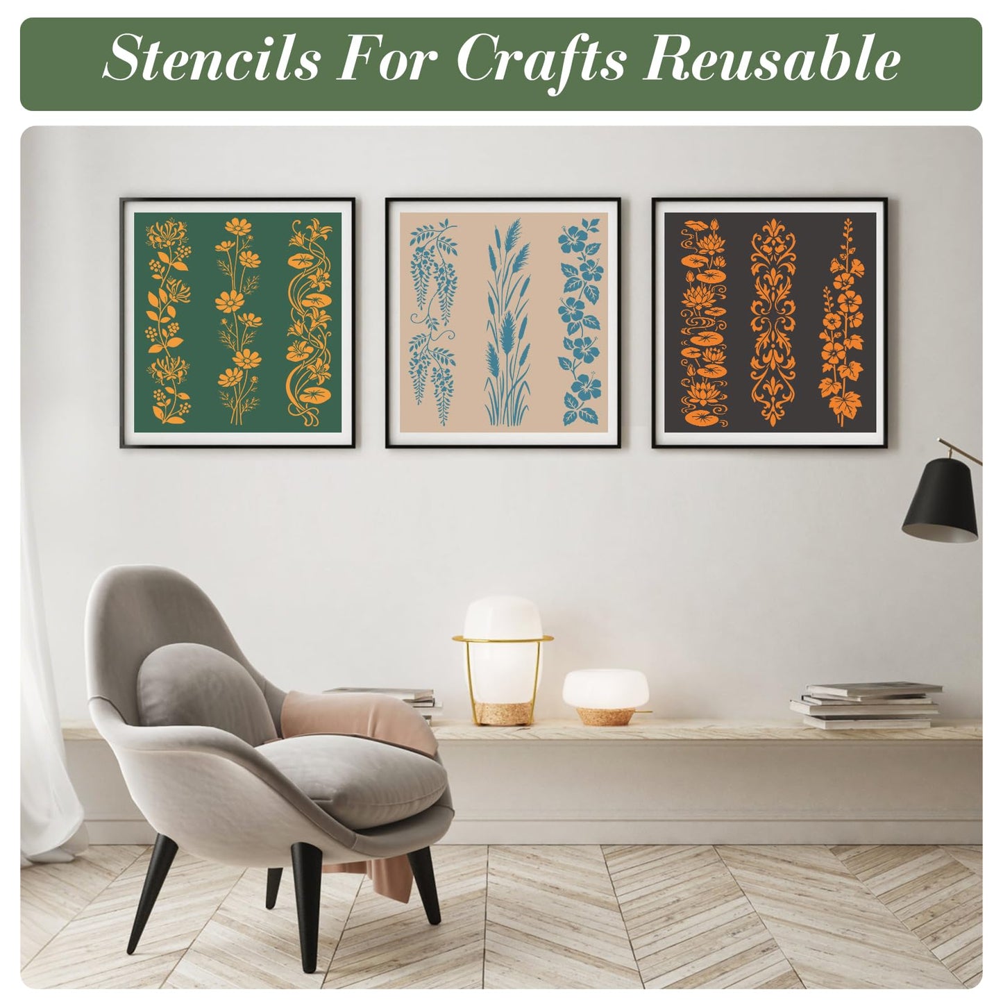 Flower Stencils for Crafts Reusable DIY Furniture Decor Art Painting Stencil 16Pcs Kit for Wood Embroidery Wall Silk Screen Journaling(11.8X2.9 Inch)
