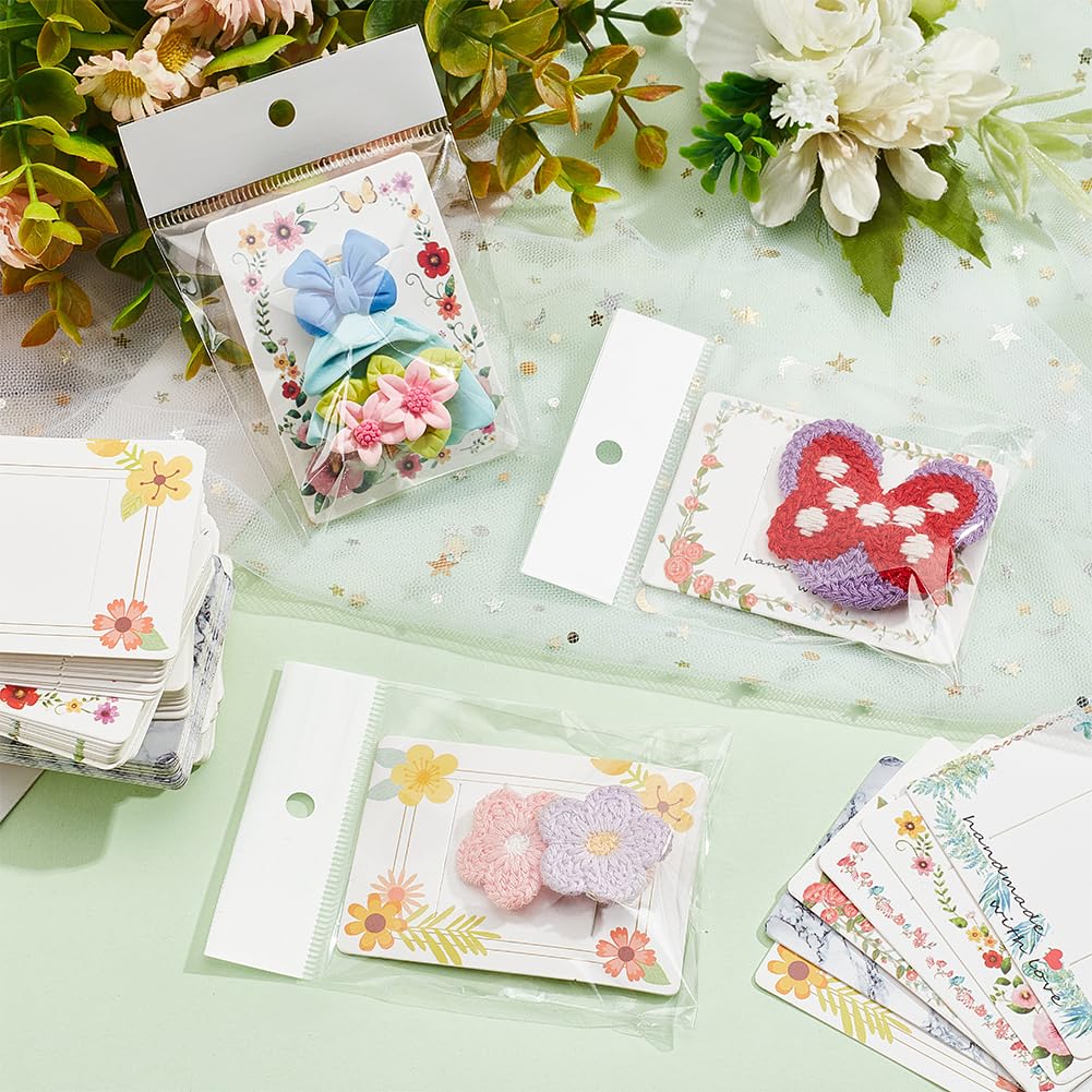 PH PandaHall 120pcs 6 Styles Hair Clip Display Cards, 7 x 5cm Rectangle Kraft Paper Claw Clip Organizer Hair Bow Holder Cards Barrettes Collecting Card with OPP Bags for Hair Selling Small Business