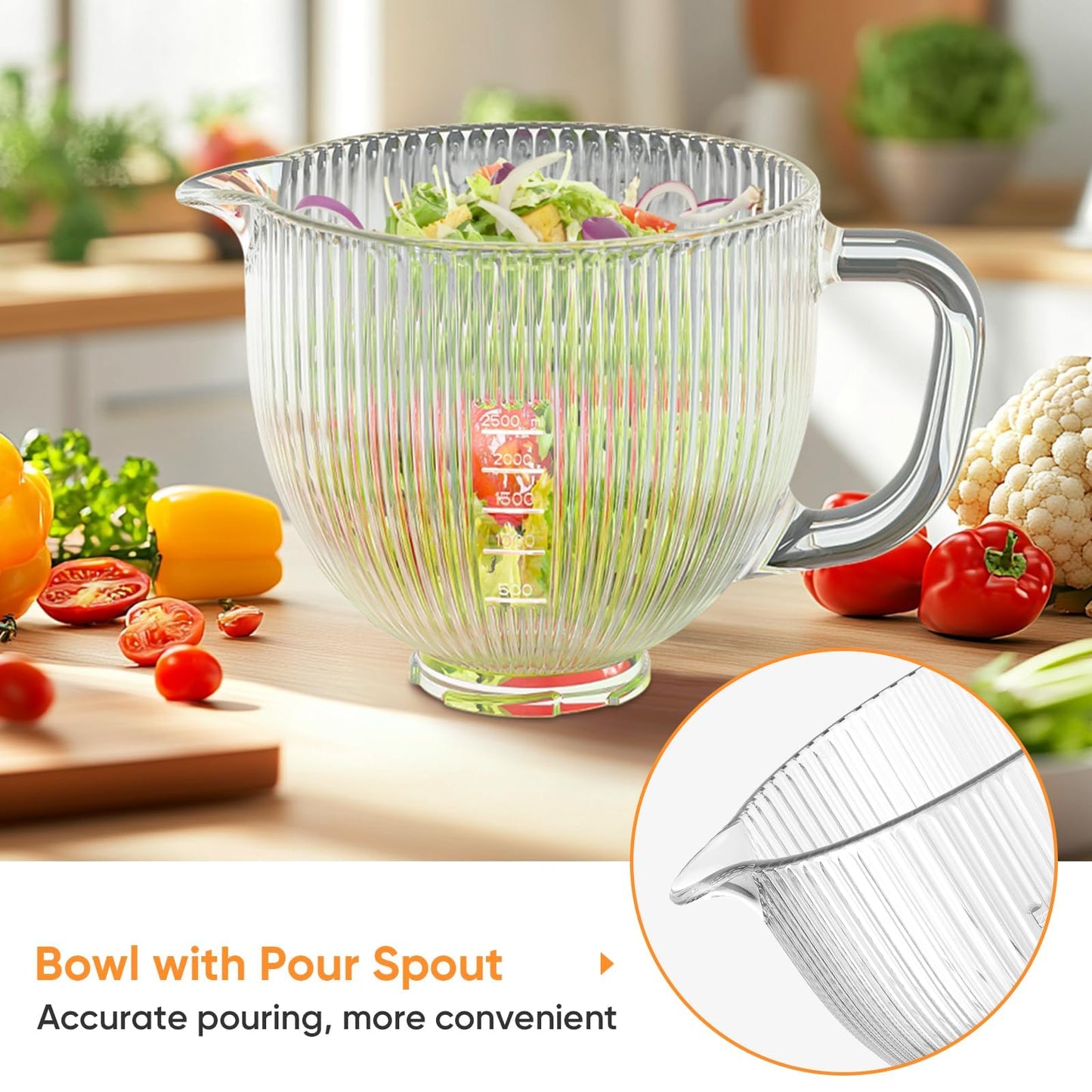 Cofun Glass Mixer Bowl for Kitchenaid Tilt-Head Stand Mixers 4.5-5 Quart, 5 qt Mixing Bowl Replacement for Kitchen aid with Measurement Markings,Handle